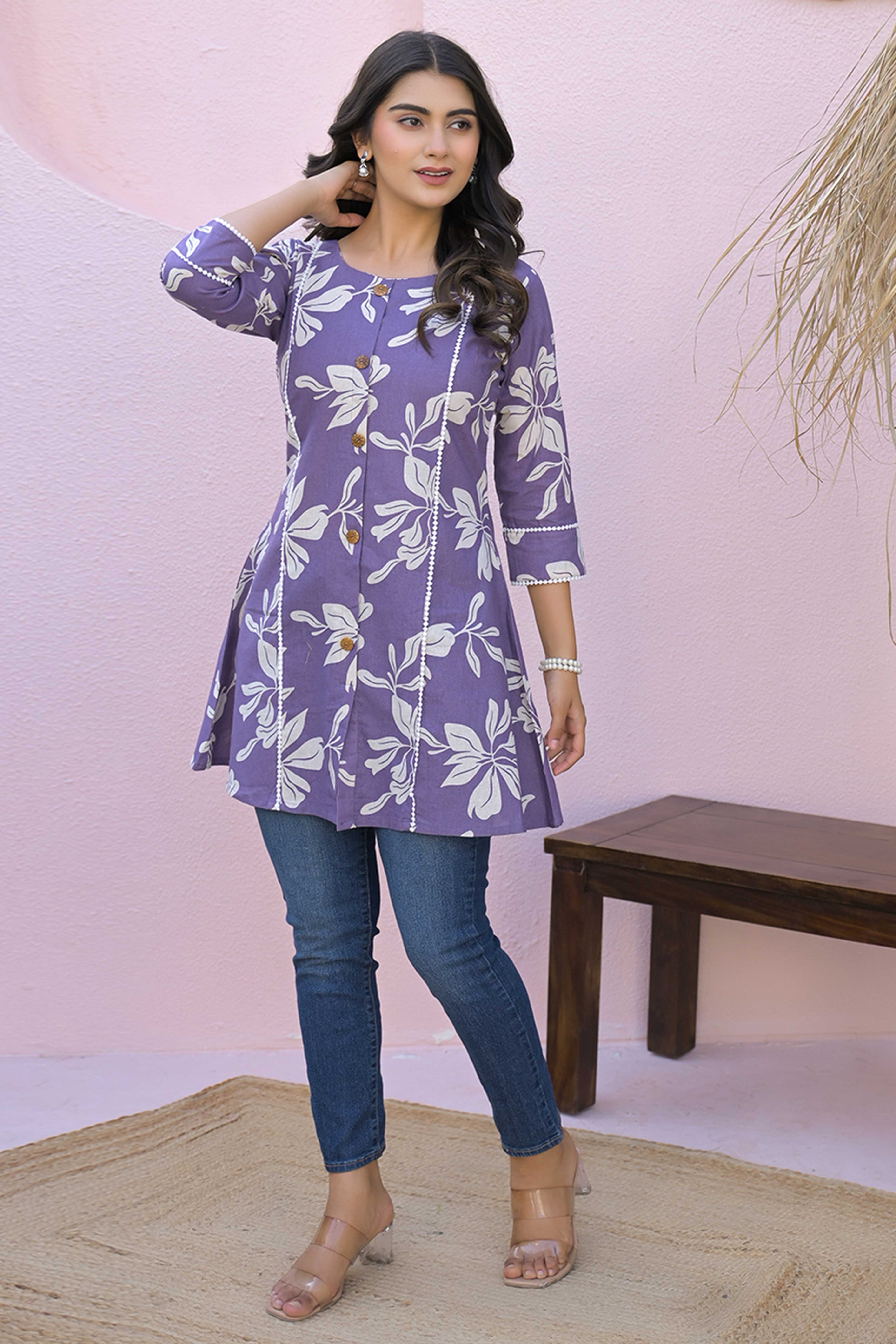 Purple Floral Printed Pure Cotton A-Line Top