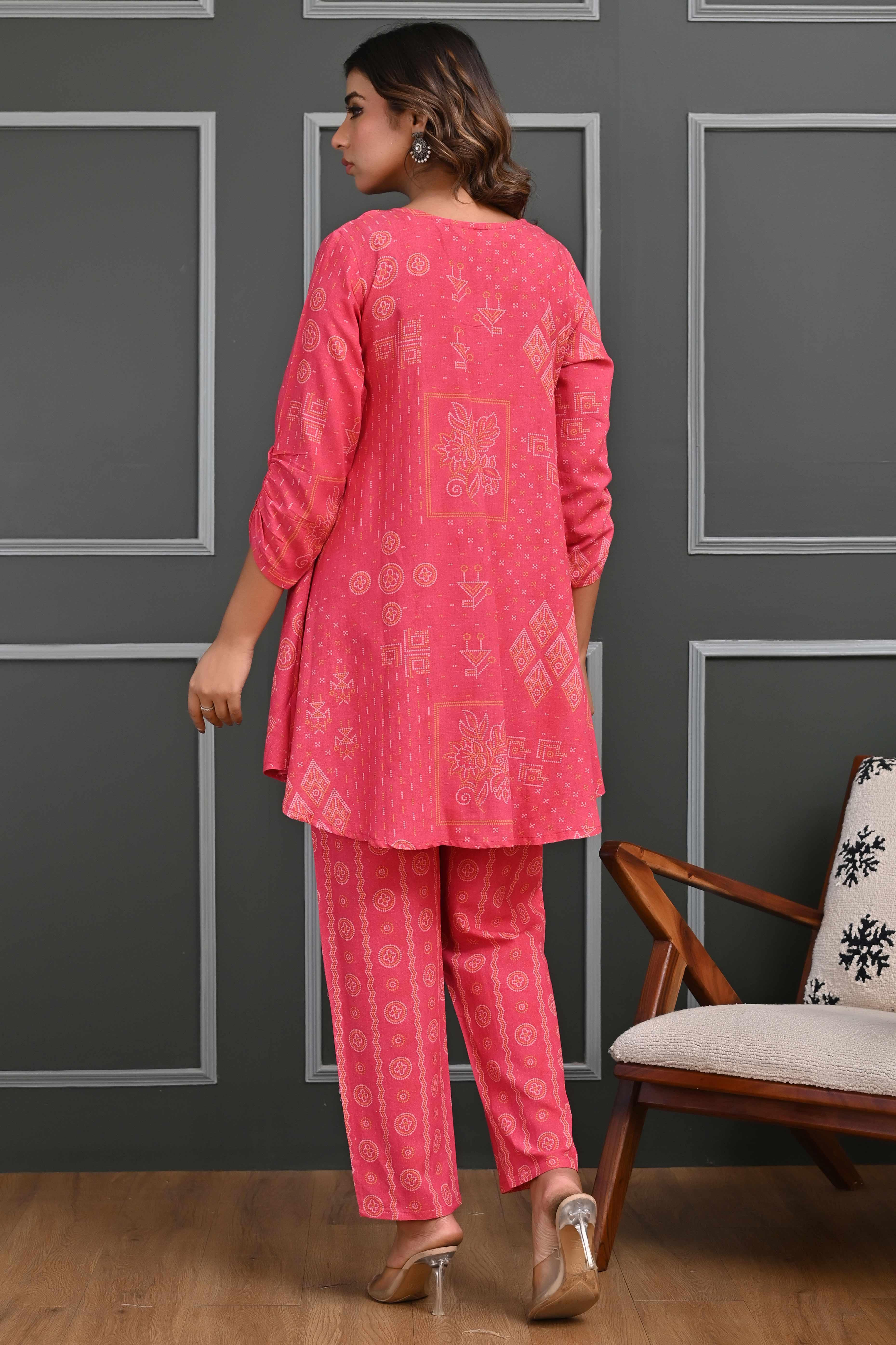 Festive-Ready Rani Pink Bandhani Printed Cotton Flex Straight Fit Co-Ord Set