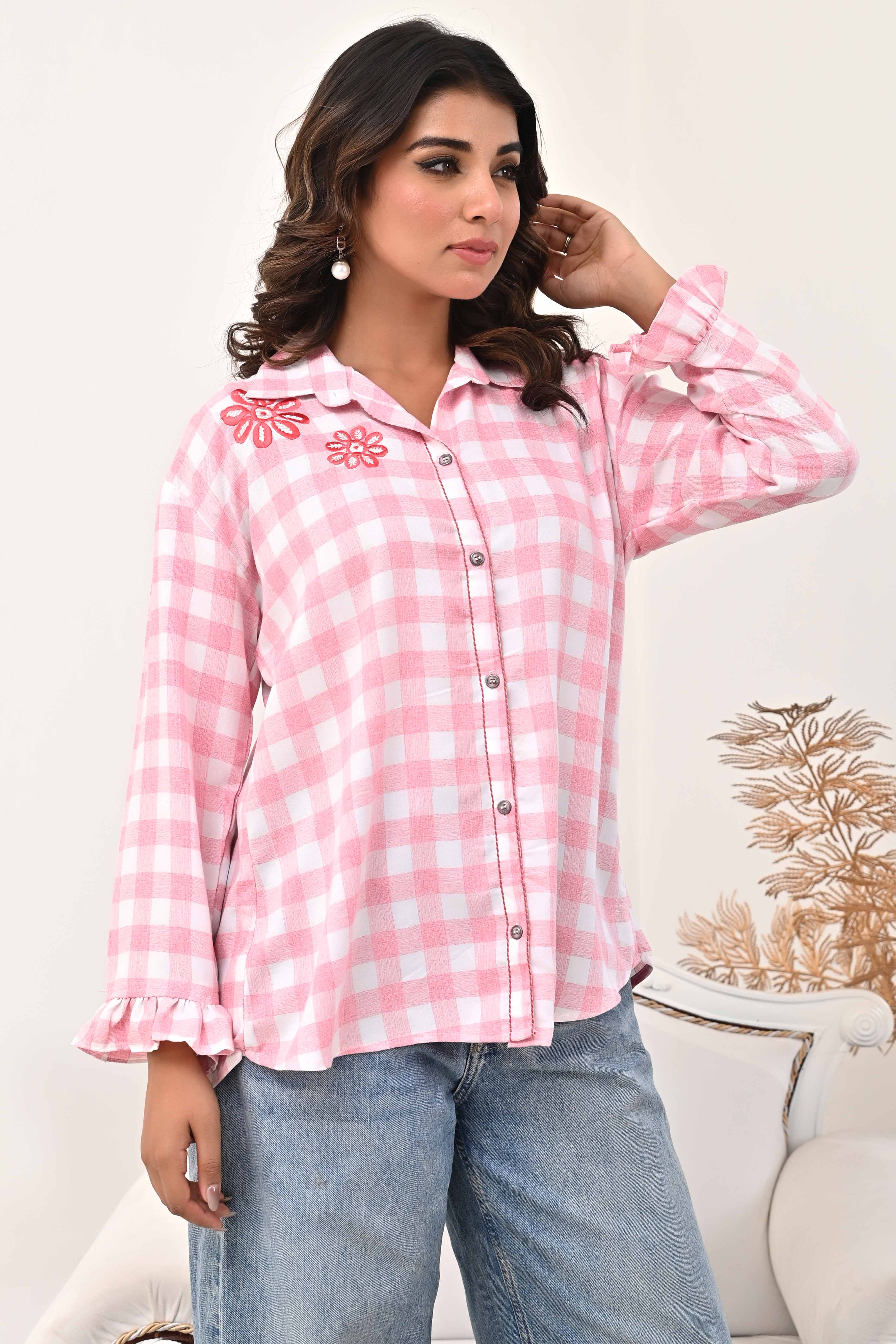 Pure Cotton Peach Top with All-Over Checks and Detailed Floral Embroidery