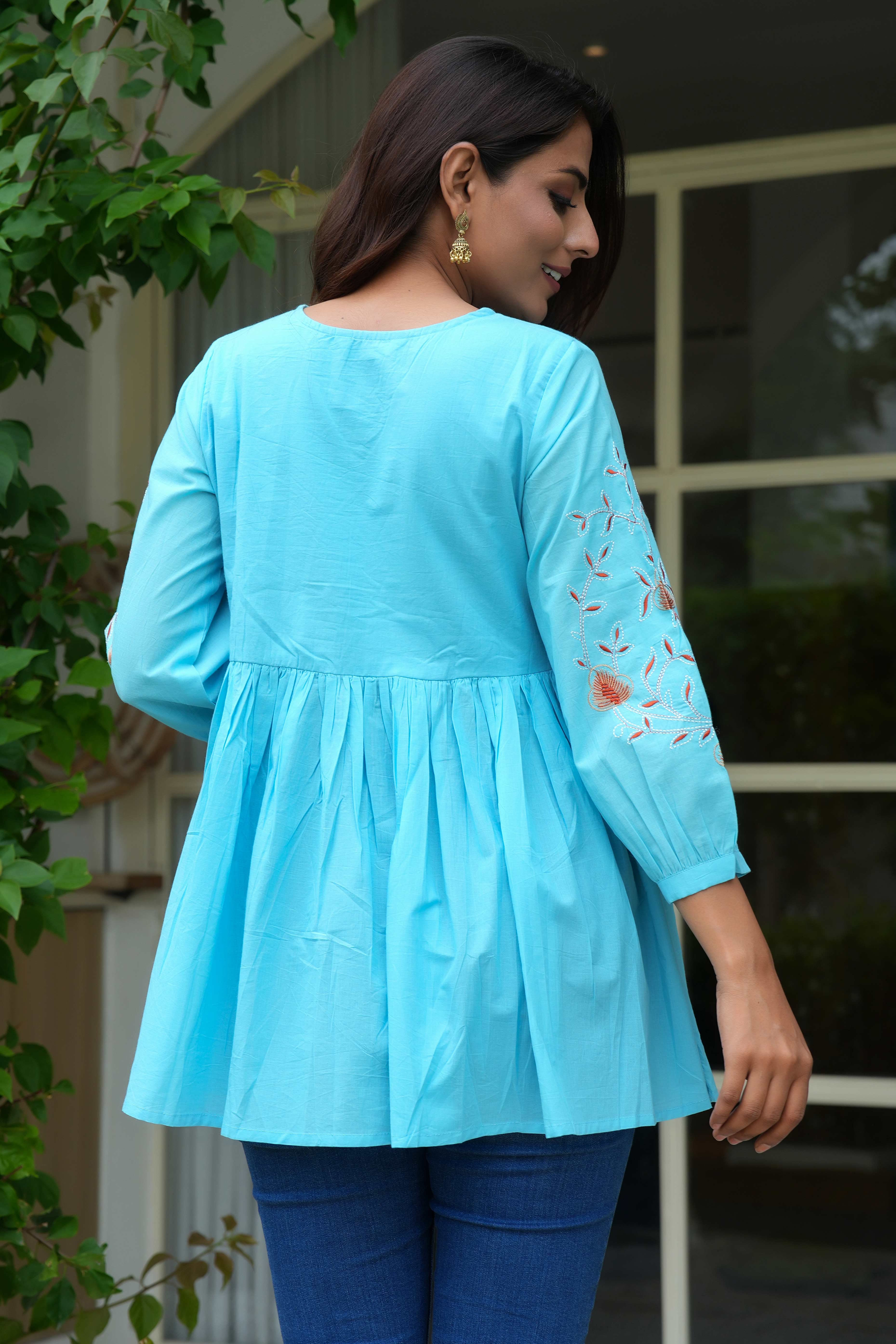 Breezy Sky Blue Pure Cotton Alia Cut Short Top With Intricate Floral Embroidery