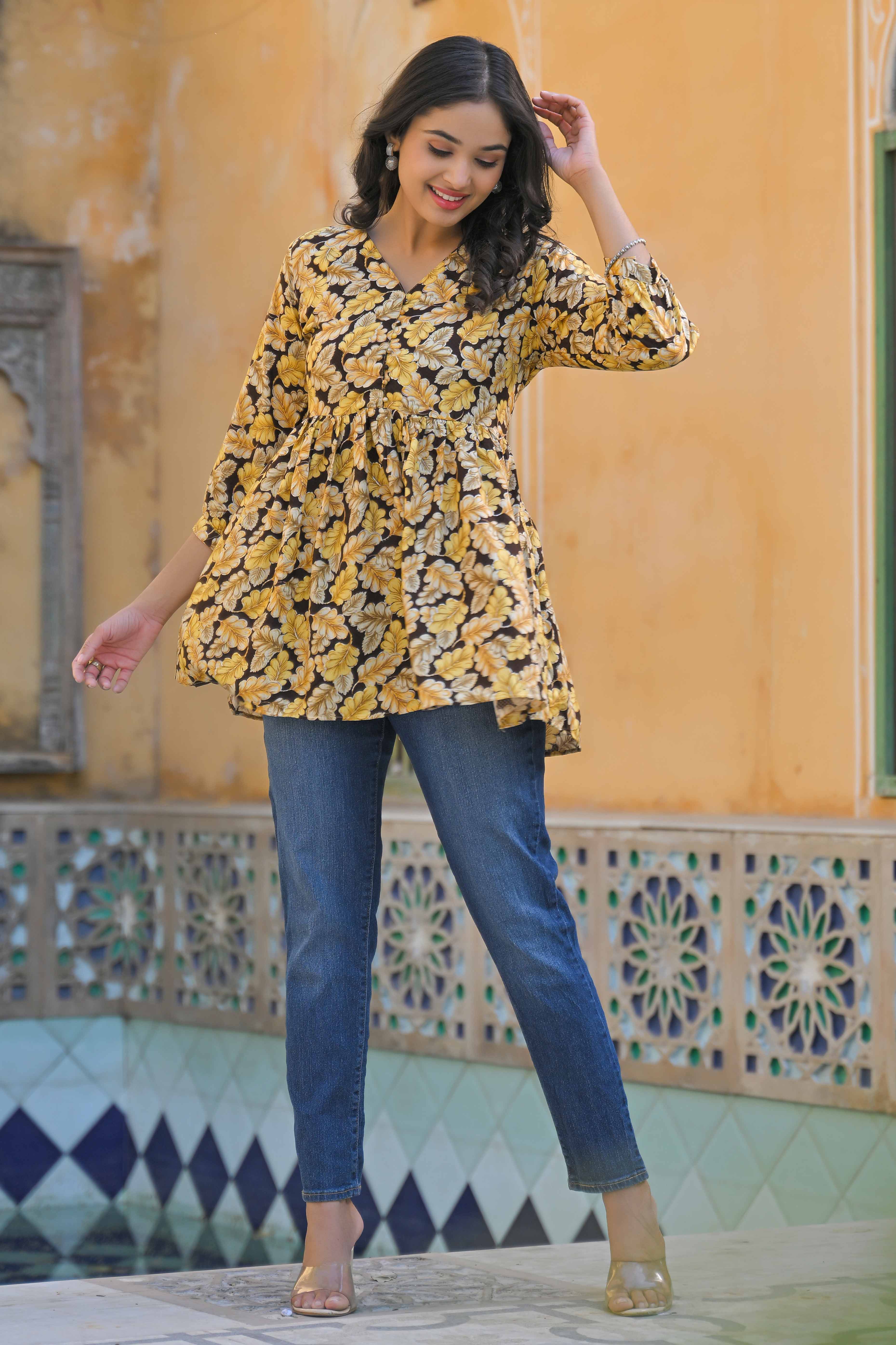 Brown Floral Printed Rayon A-Line Top