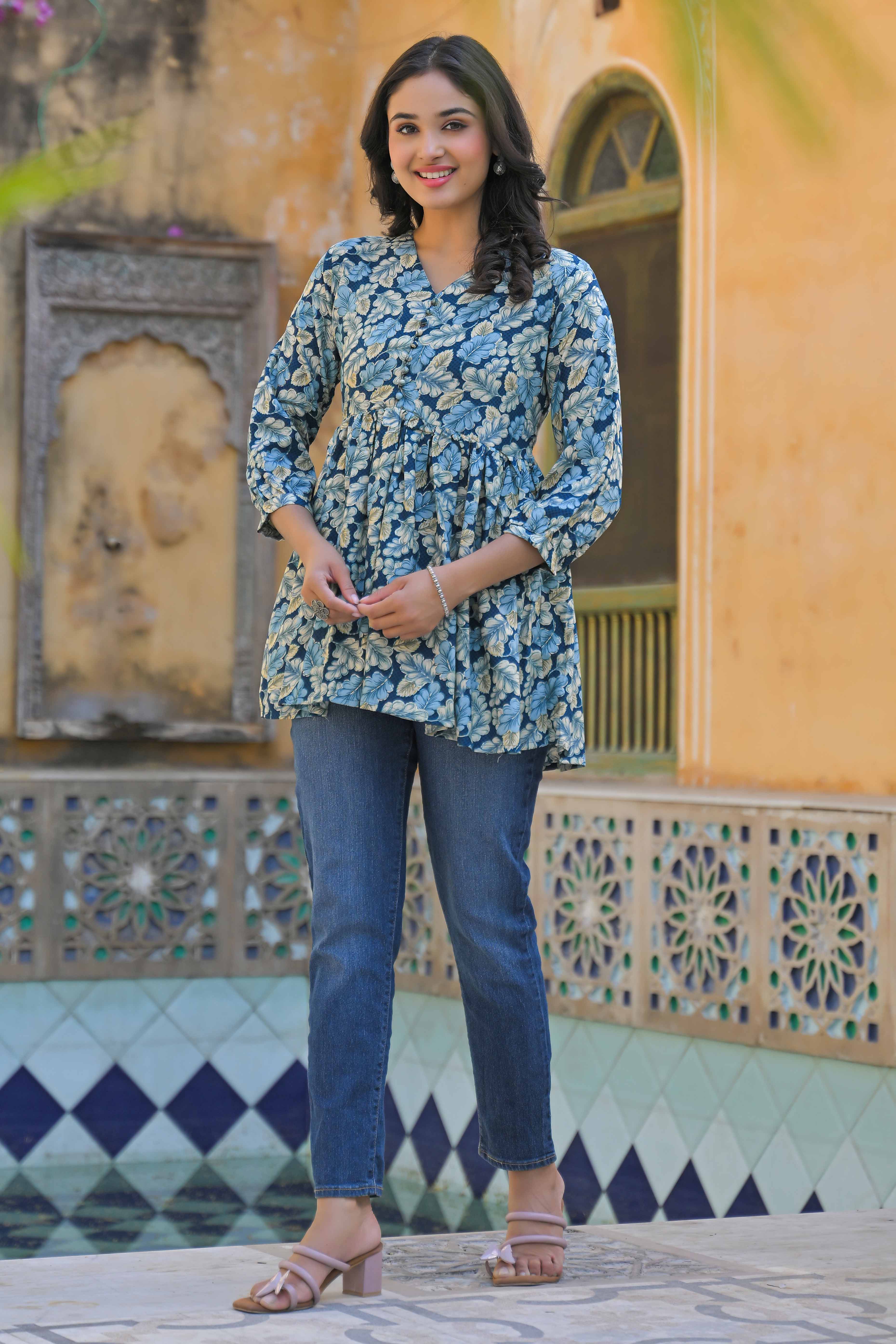 Turquoise Floral Printed Rayon A-Line Top