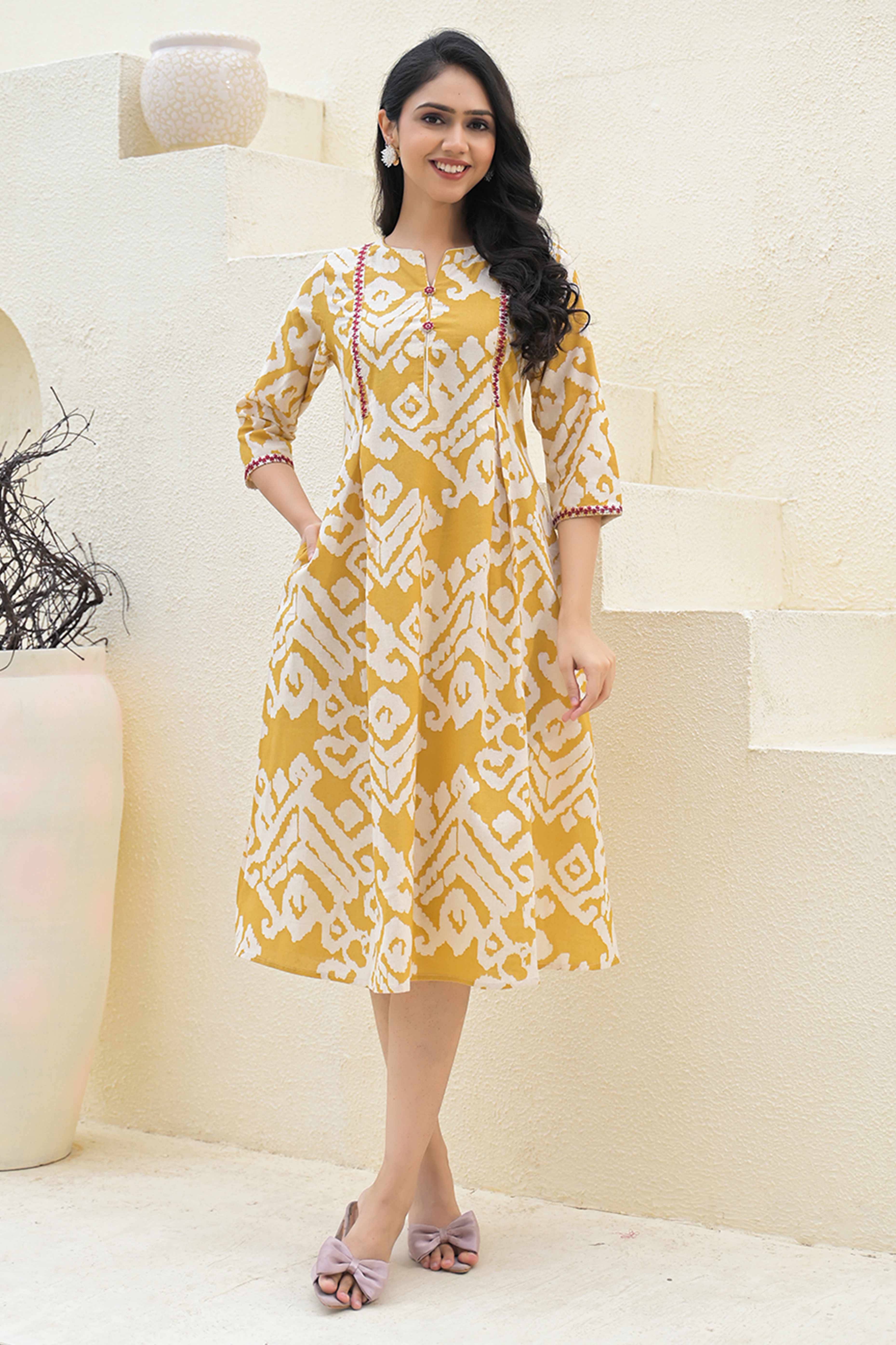 Pure Cotton Mustard A-Line Kurti with Ethnic Ikkat Patterns