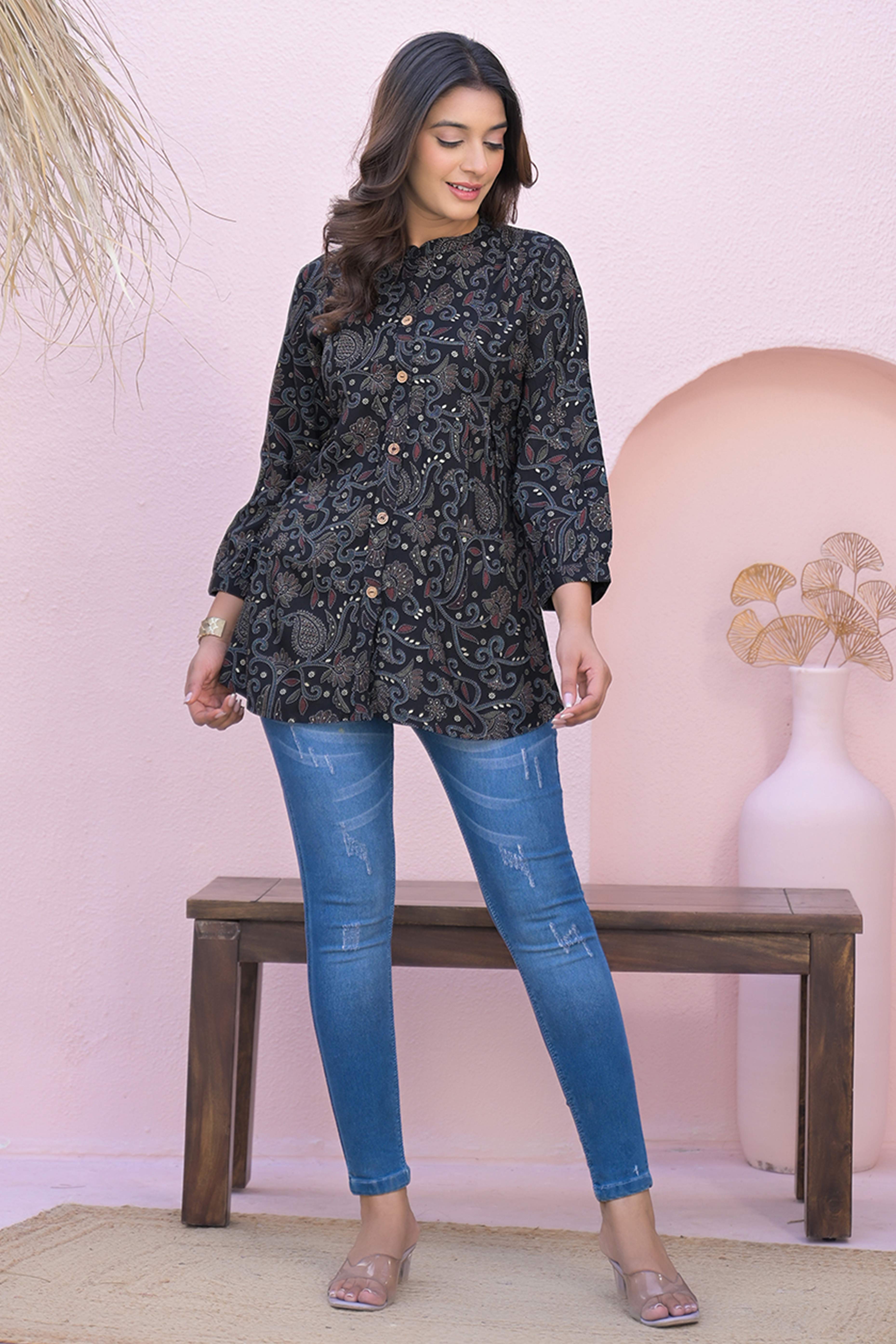 Black Rayon A-Line Top with Elegant Floral Foil Prints