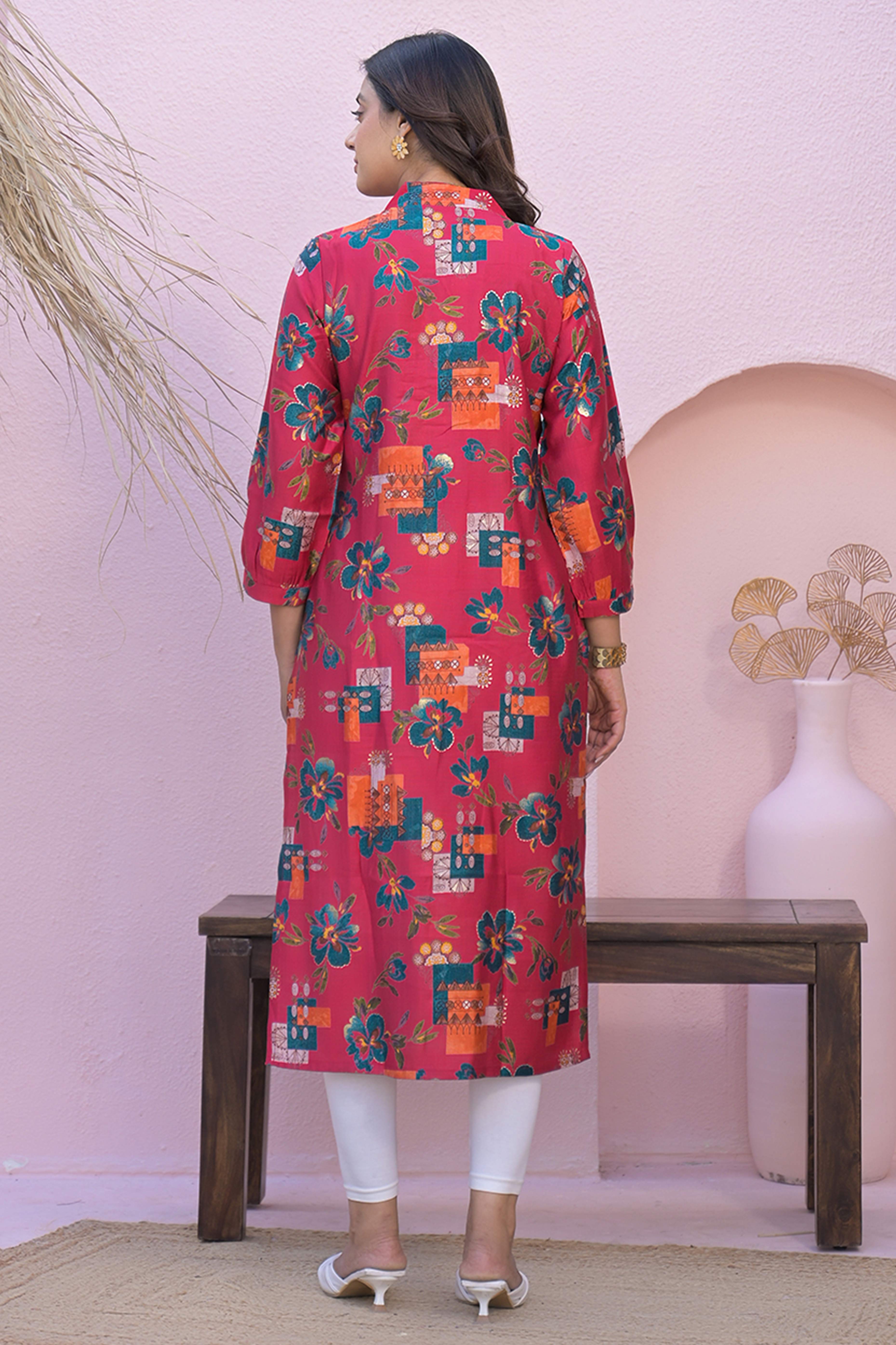 Pink A-Line Kurti in Soft Viscose with Floral Design