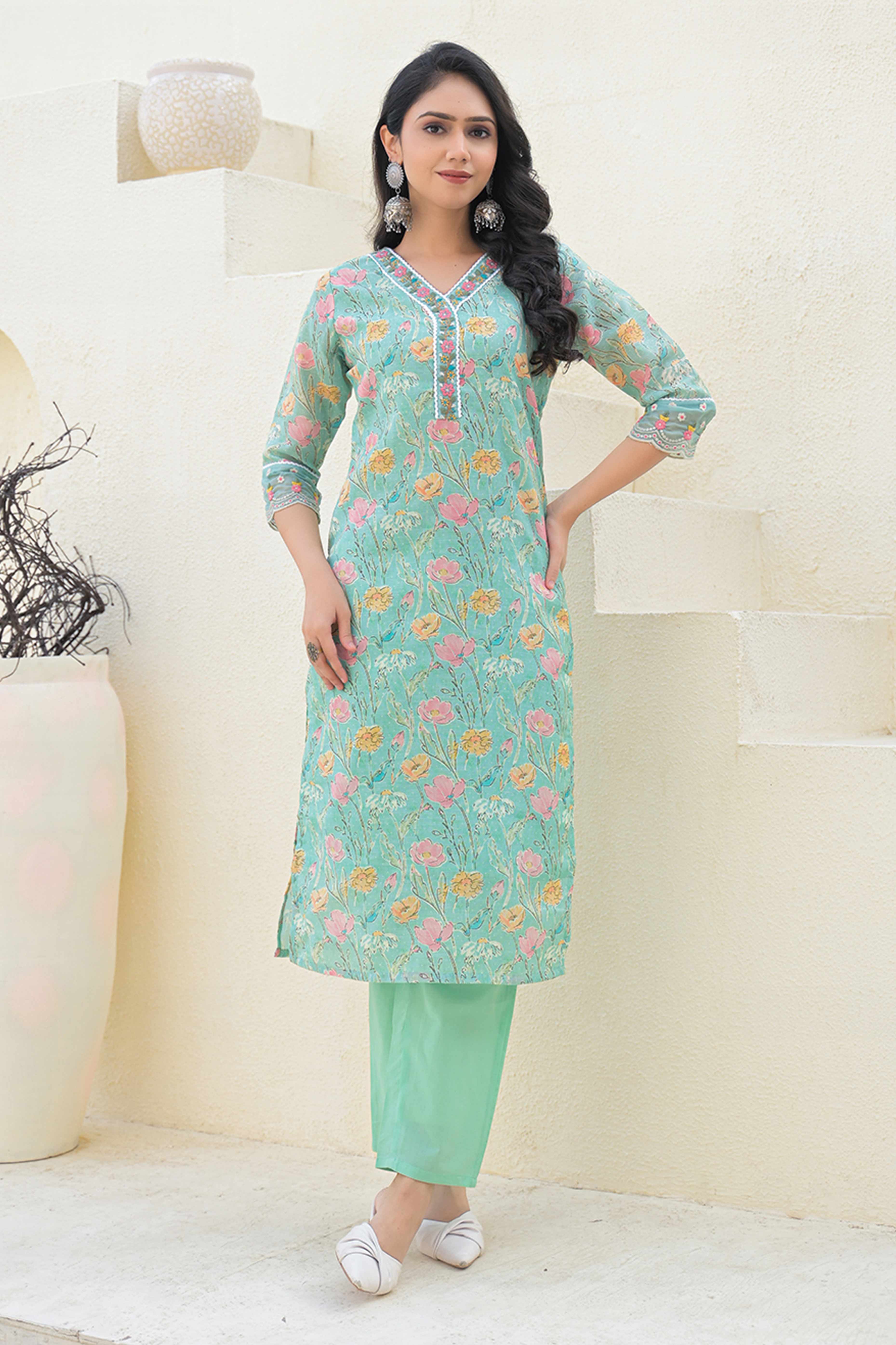 Sea Green Linen Straight Suit Featuring Printed Florals & Delicate Embroidery