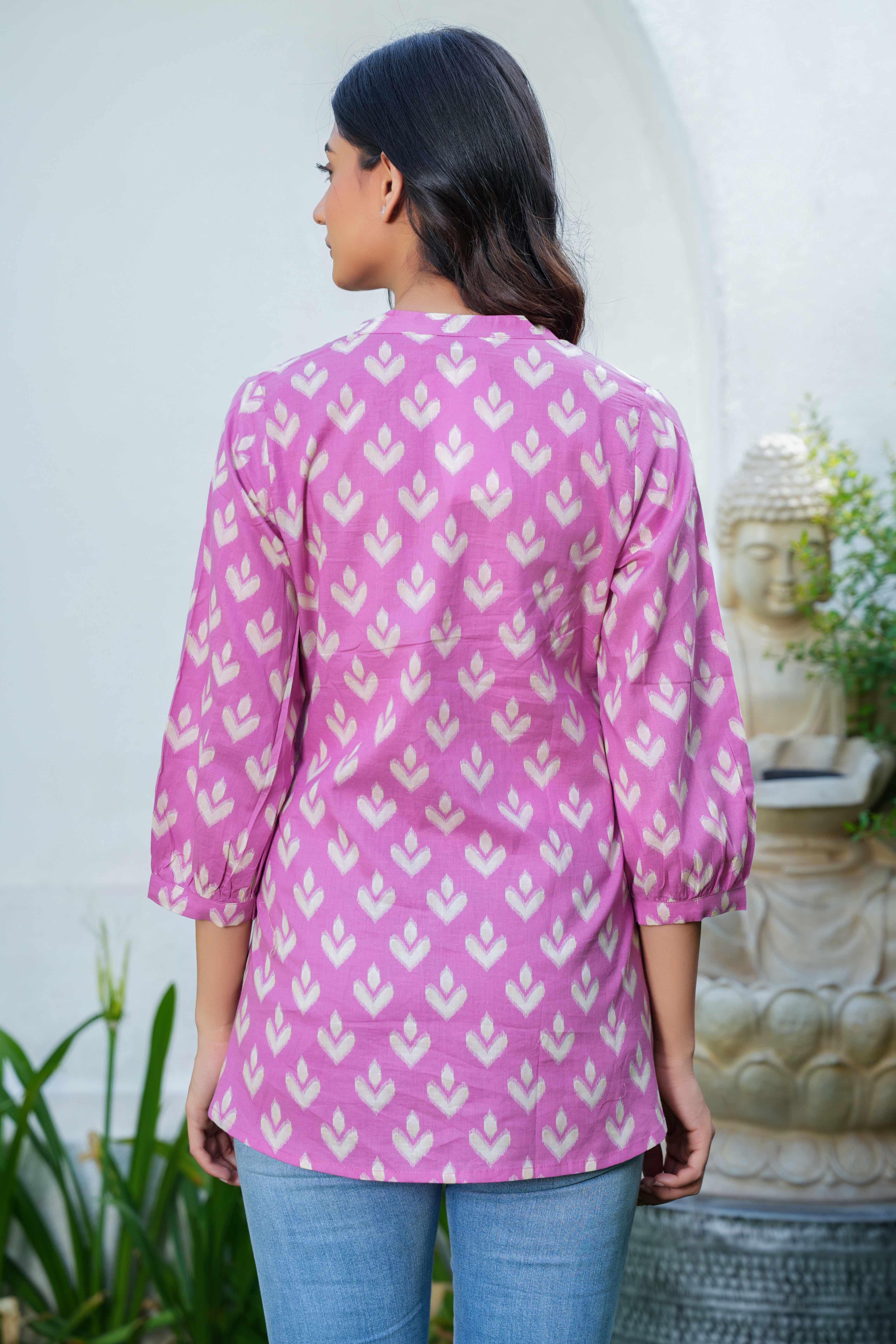 Pink Ikkat Printed Pure Cotton A-Line Tunic for Everyday Wear