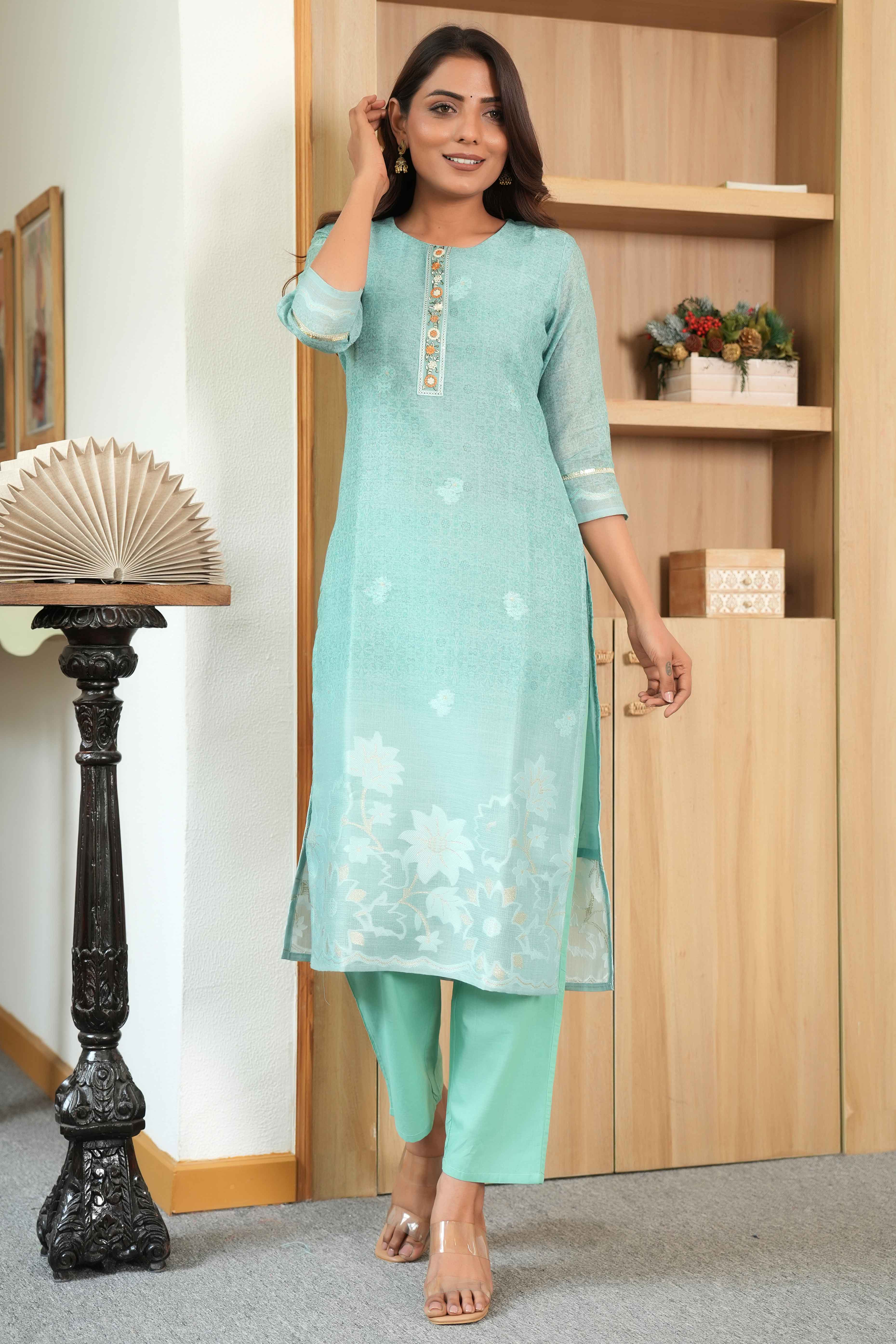 Light Green Printed Linen Jacquard Suit with Graceful Lace Work Detailing
