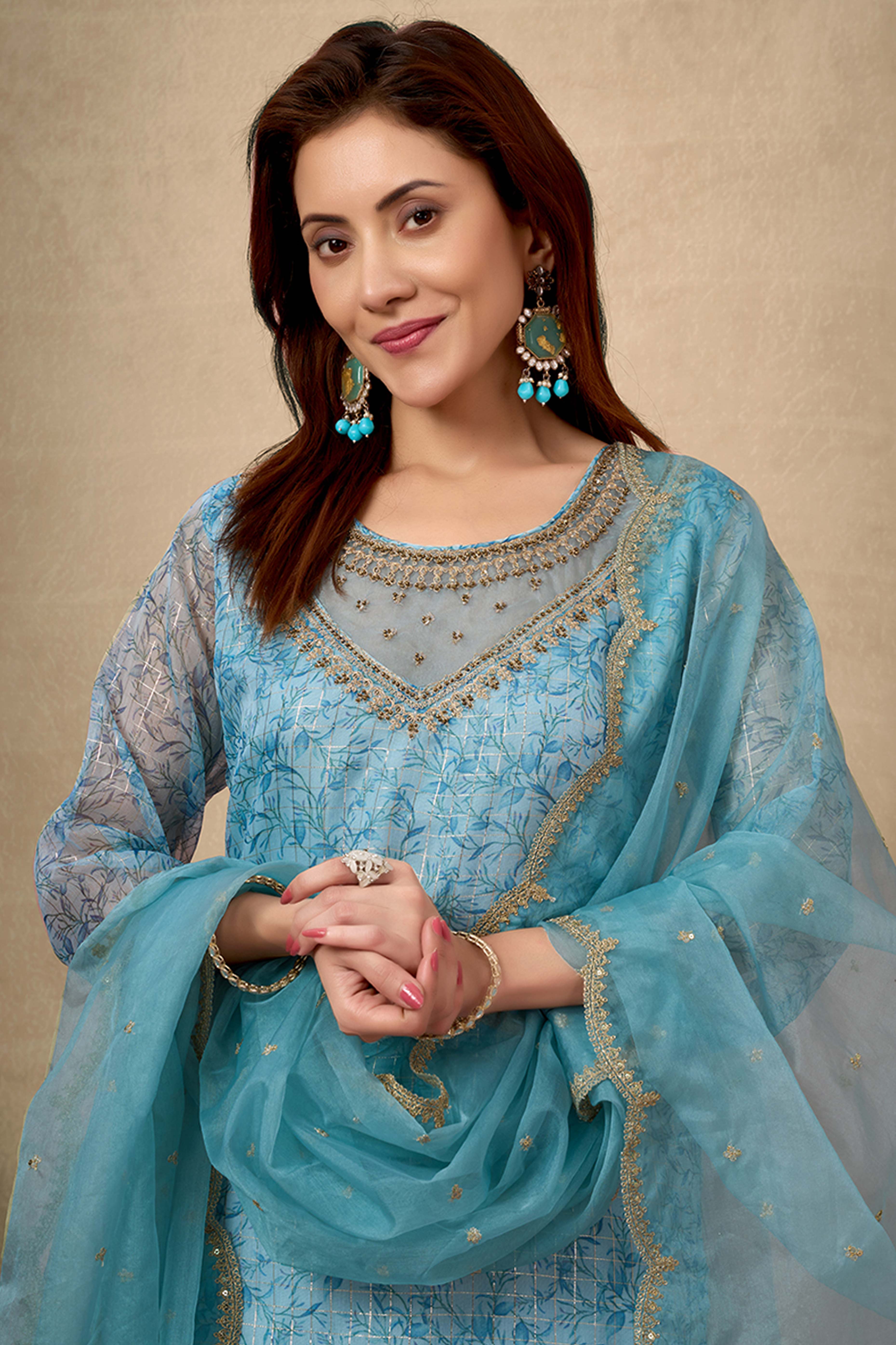 Light Sky Blue Floral Print With Zari Weaving Work Organza Straight Salwar Suit