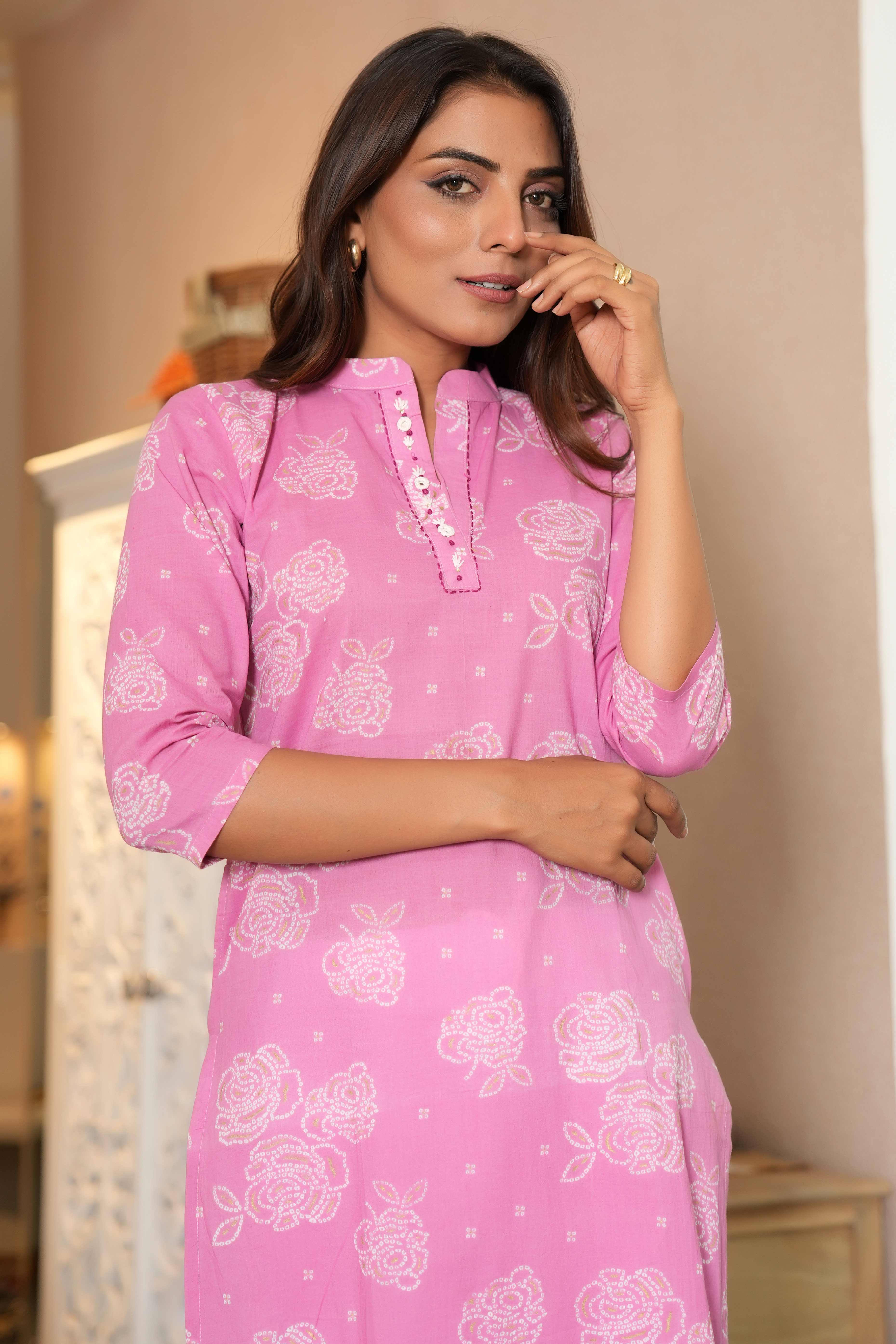 Light Pink Floral Cotton Kurti in Straight Fit For Daily Wear