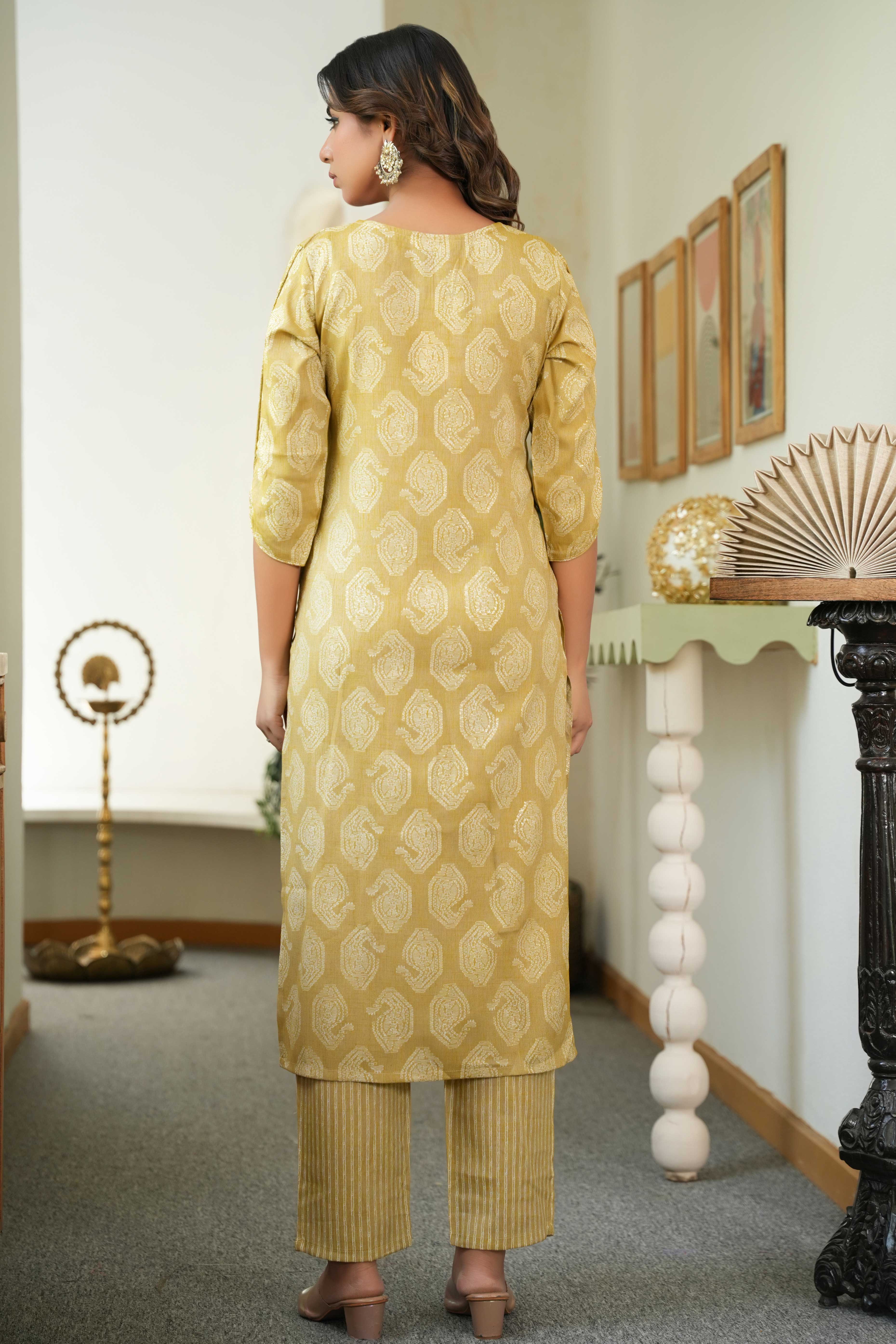 Dazzling Mustard Printed Rayon Straight Salwar Suit With Delicate Floral Sequins Embroidery Work