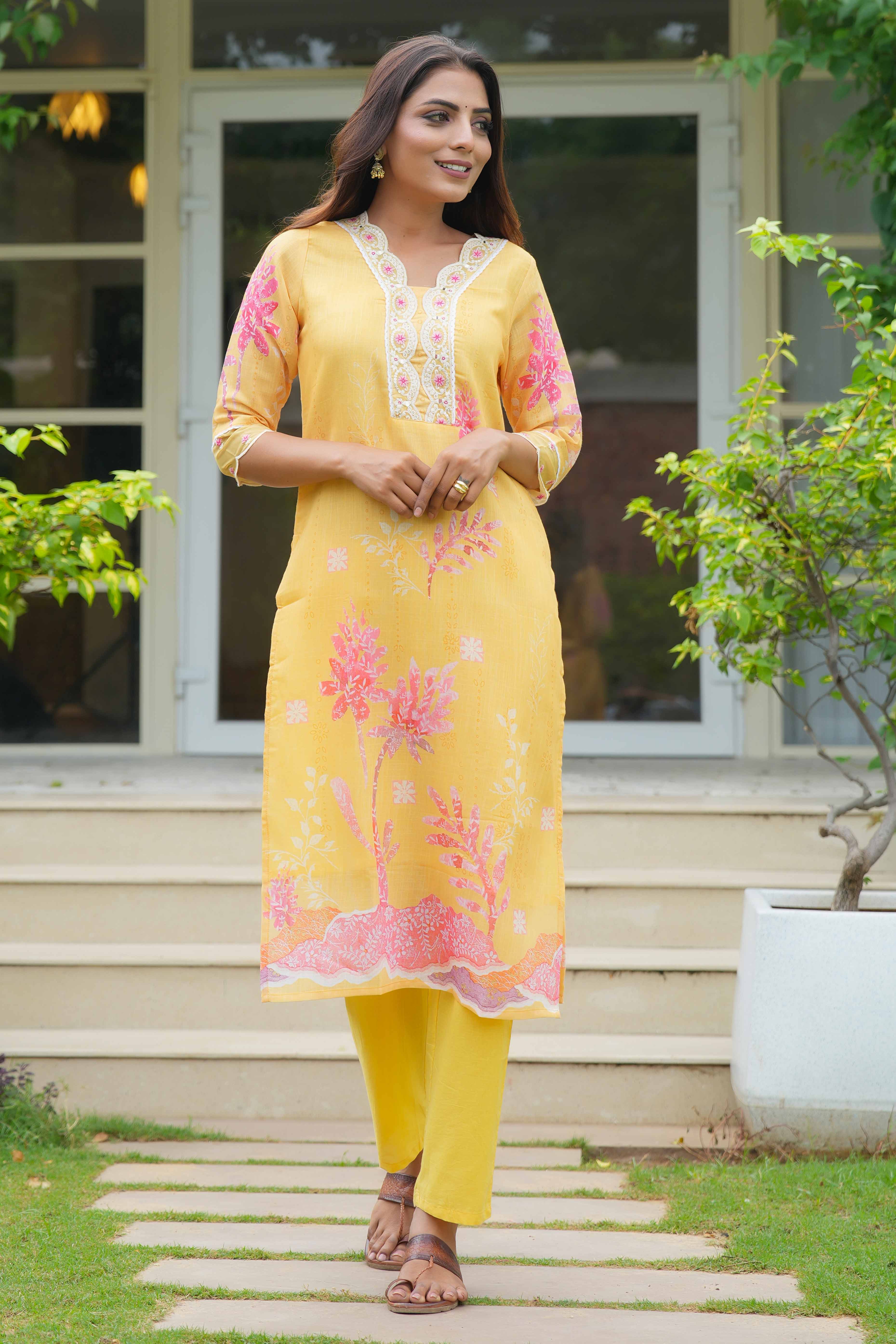 Yellow Floral With Lace Work One Neck Linen Salwar Suit