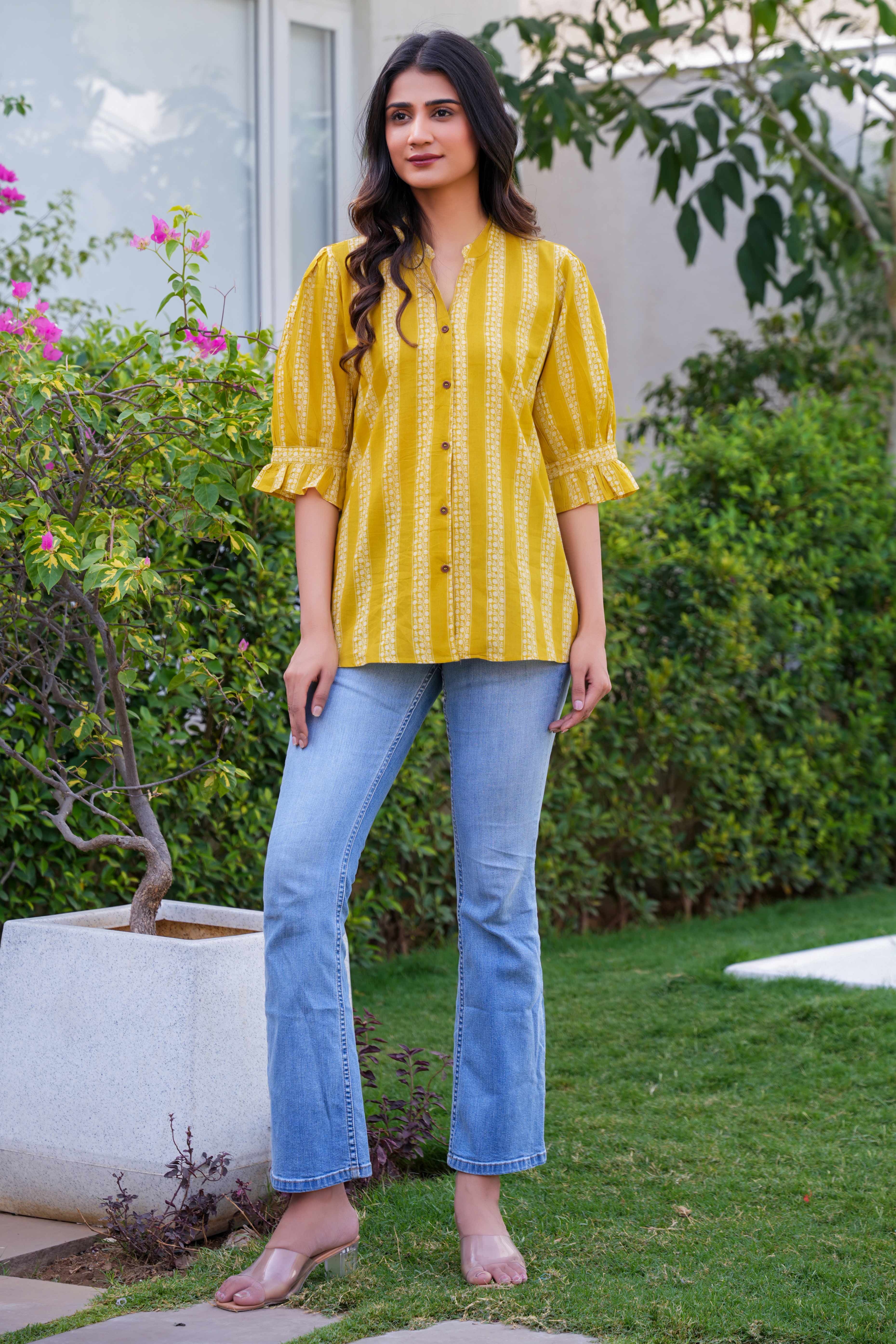 Everyday Comfort Olive Shirt Top with Elegant Floral-Striped Print in Pure Cotton