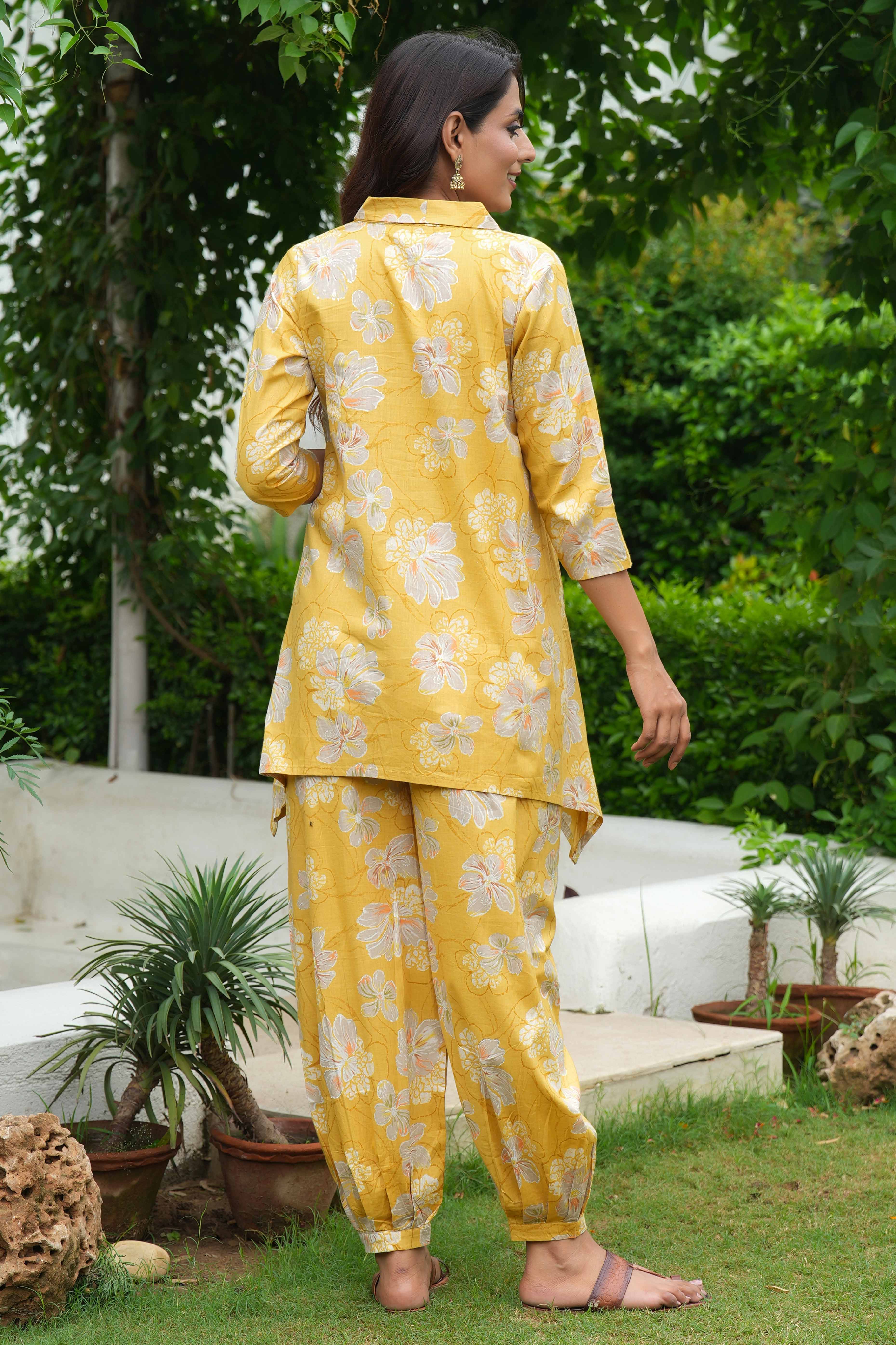 Yellow Co-Ord Set in Pure Cotton with Floral Print & Hand Embroidery