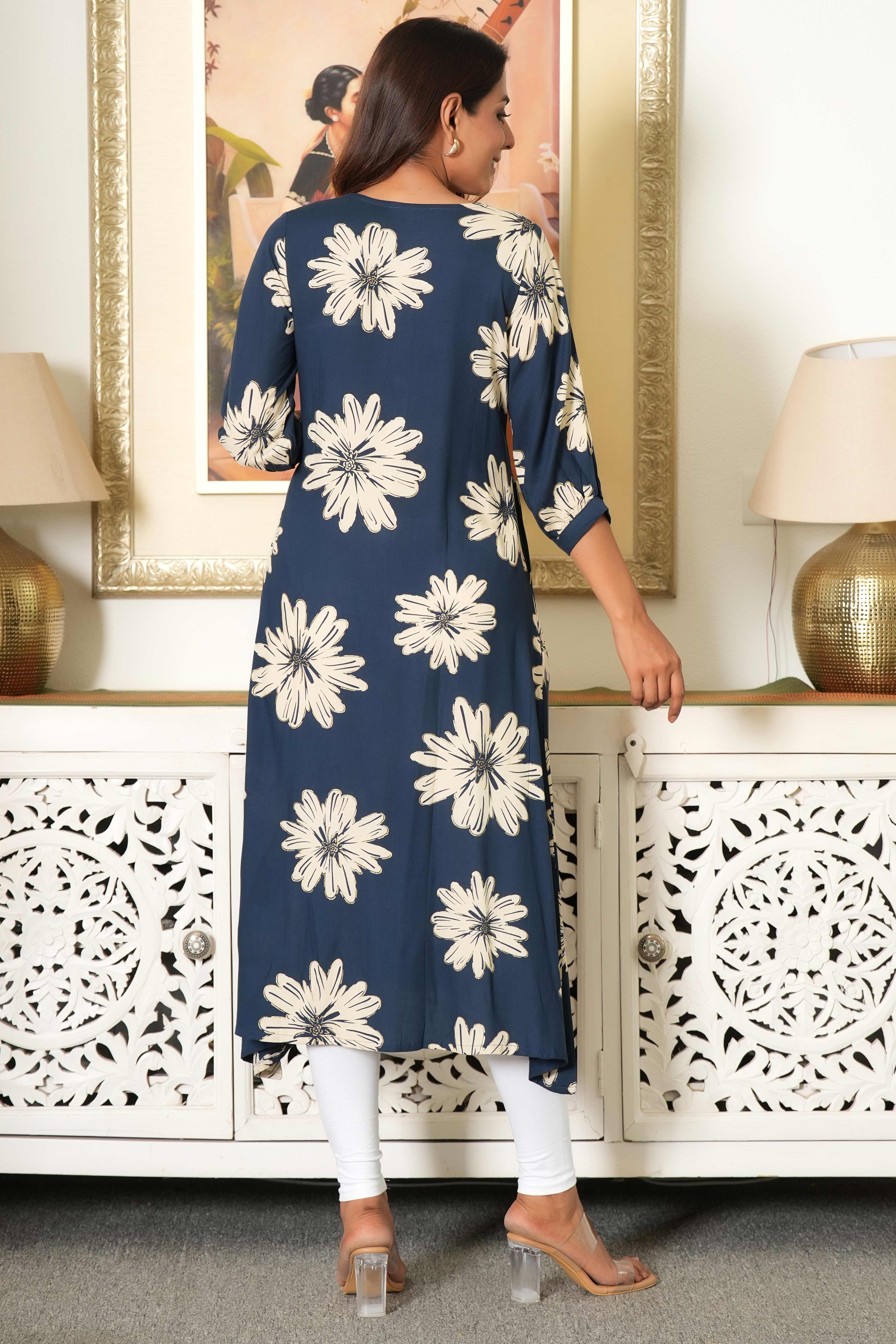 Navy Blue Printed Rayon Kurti in Flattering A-Line Fit