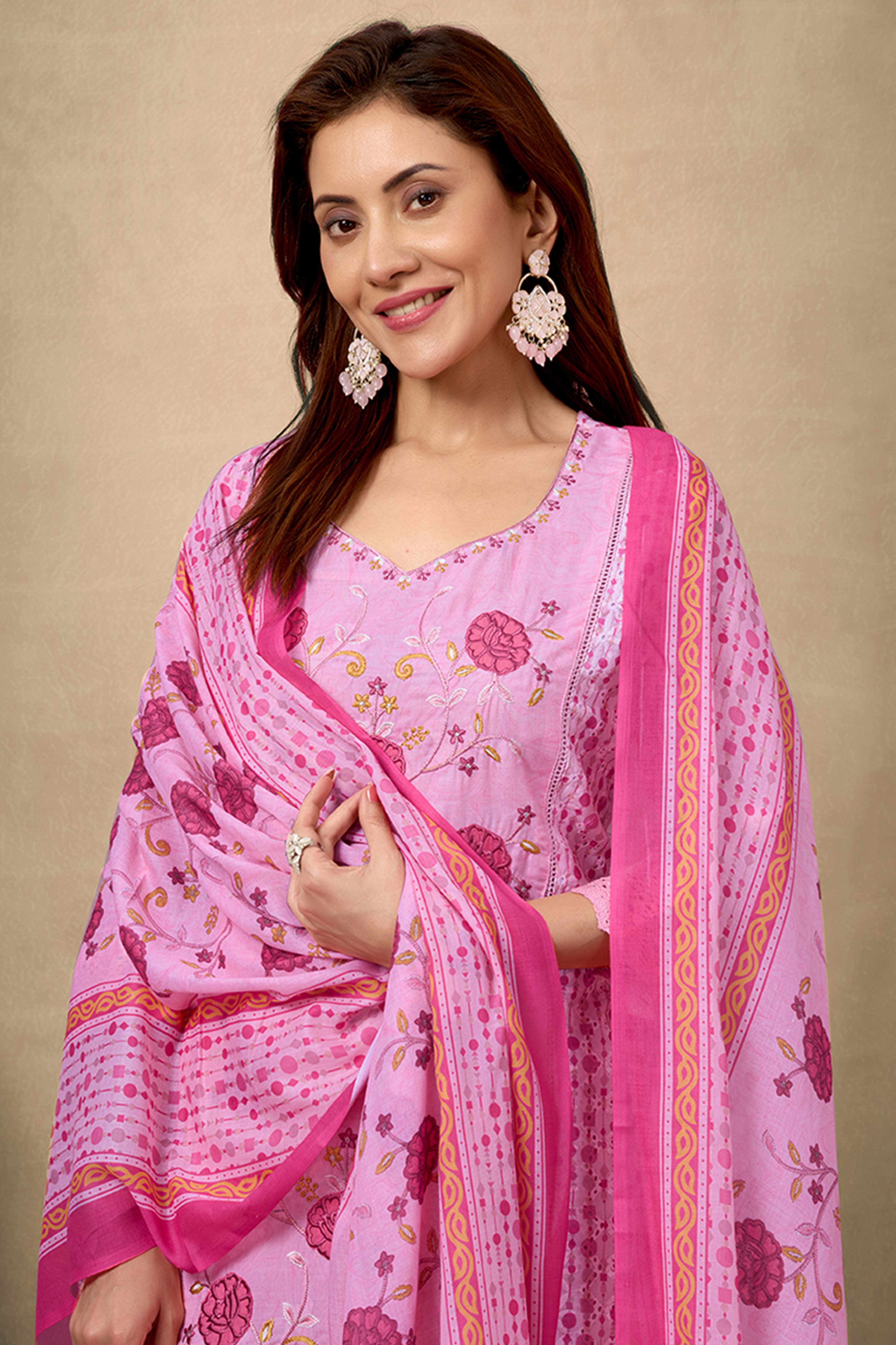 Pink Cotton Blend Straight Suit Featuring Feminine Floral Designs
