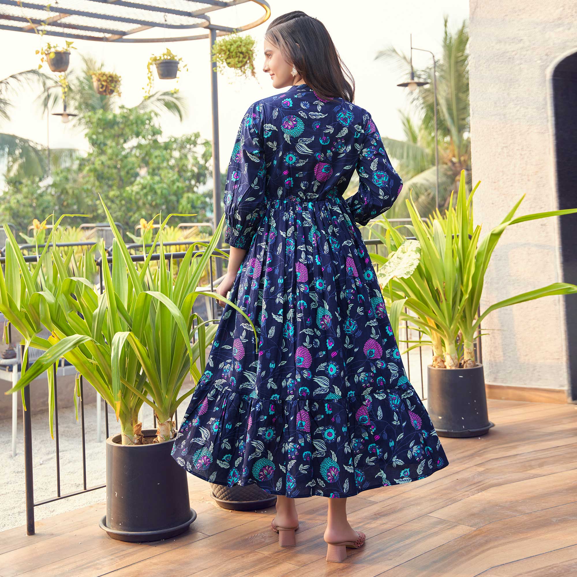 Navy Blue Floral Printed Pure Cotton Dress