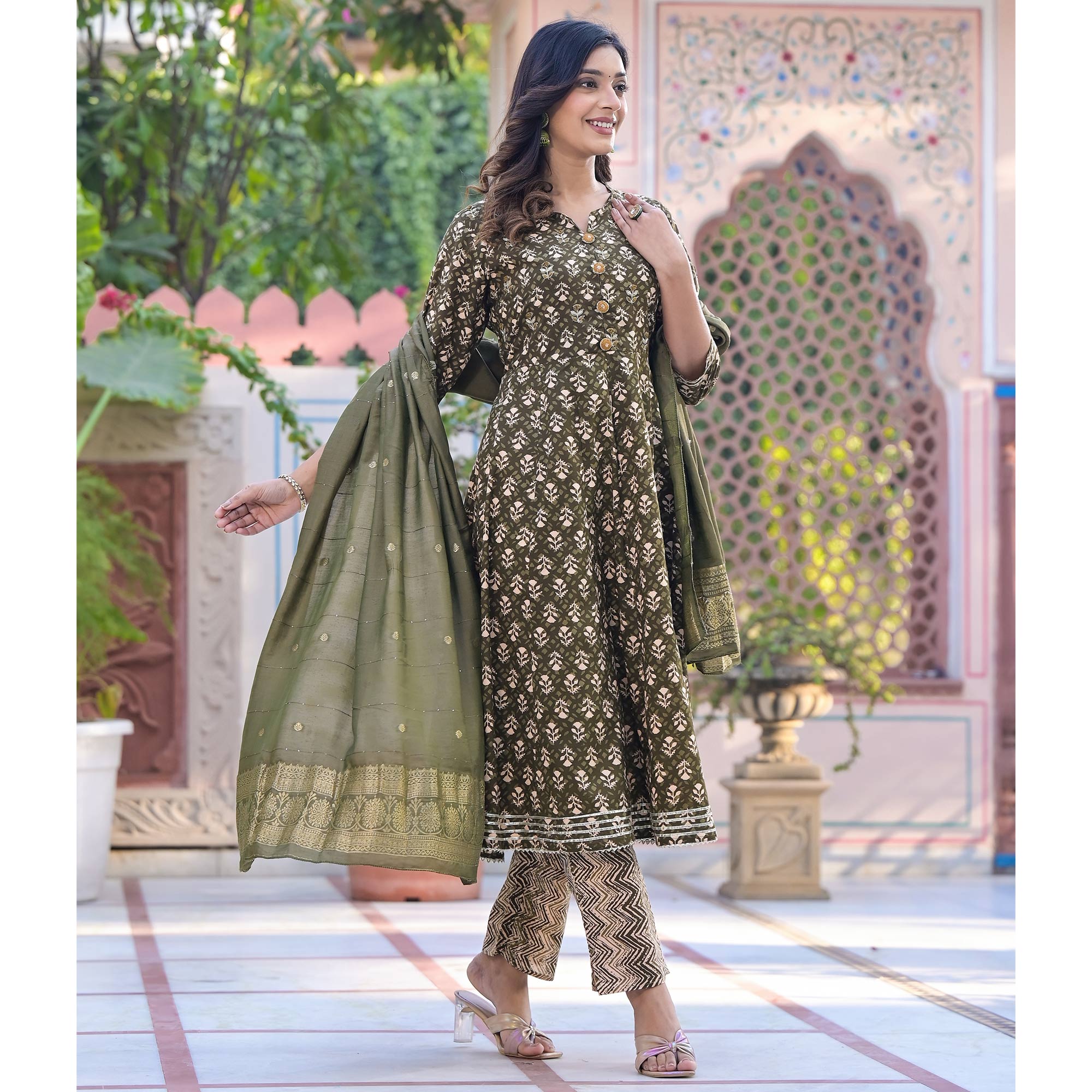 Green Floral Printed Pure Cotton Anarkali Salwar Suit