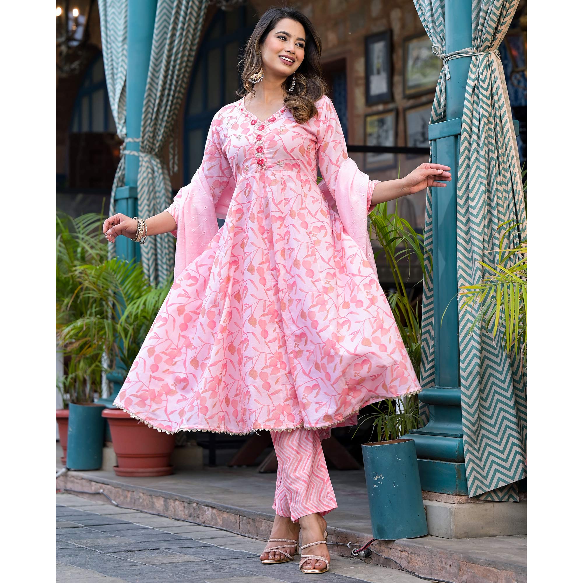 Peach Printed Pure Cotton A-Line Salwar Suit