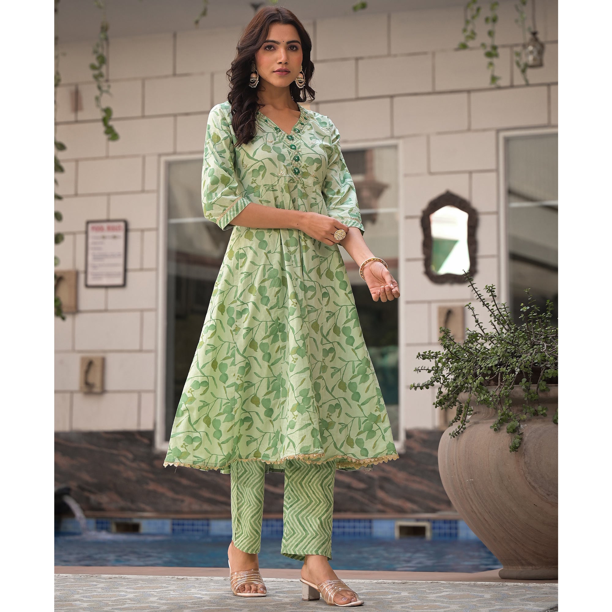 Pista Green Printed Pure Cotton A-Line Salwar Suit