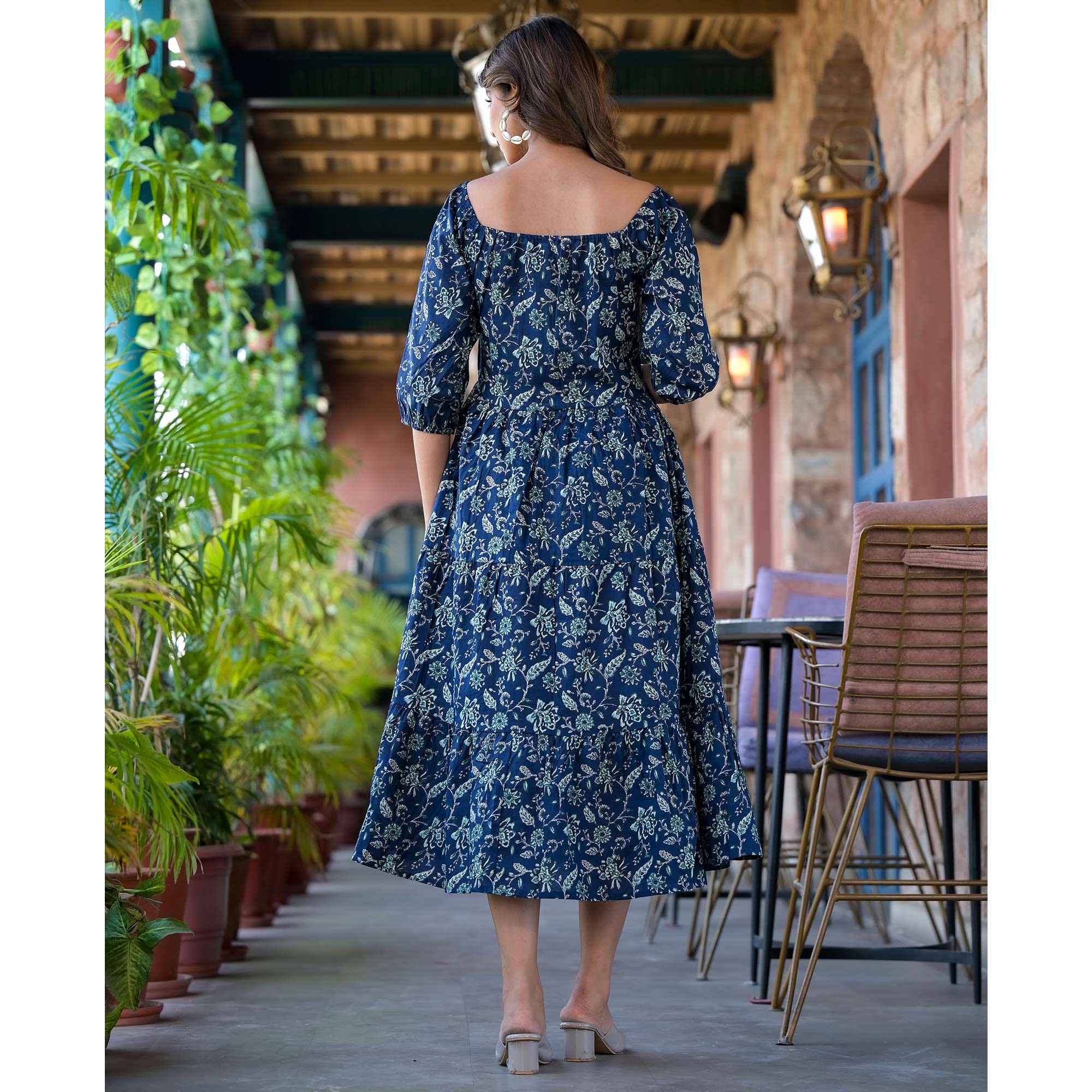 Navy Blue Floral Printed Pure Cotton Maxi Dress