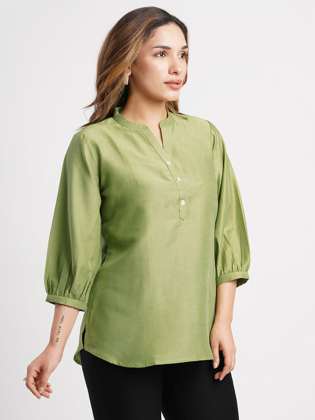 Green Solid Poly Chinon Straight Top