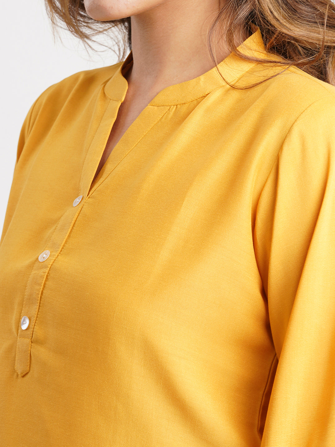 Mustard Solid Poly Chinon Straight Top