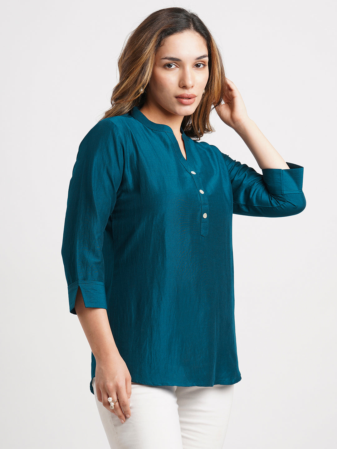 Teal Solid Poly Chinon Straight Top