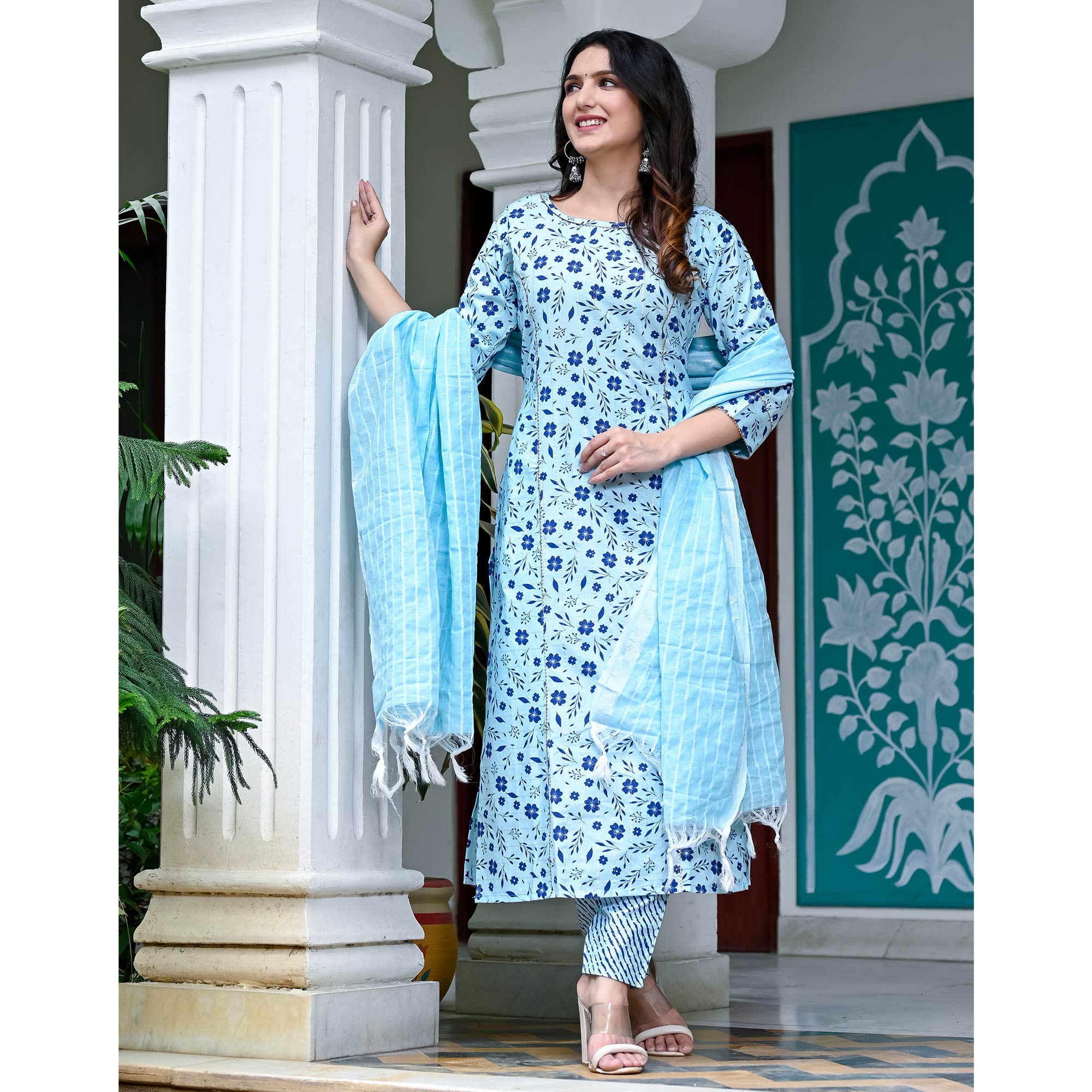 Light Blue Floral Printed Pure Cotton Suit