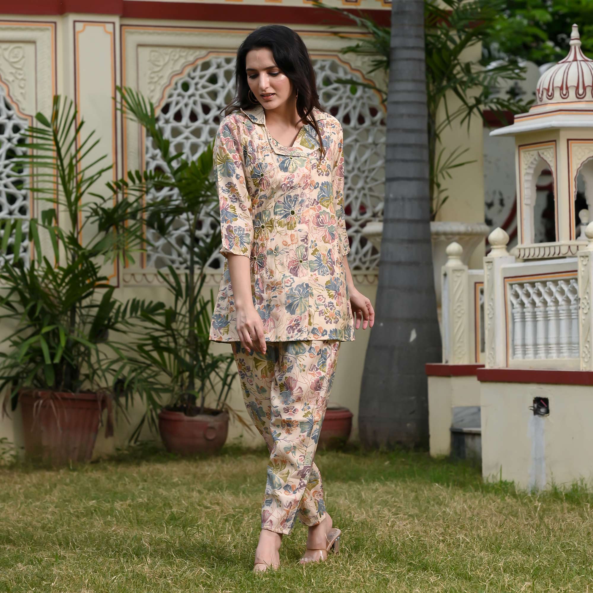Cream Floral Printed Muslin Co Ord Set