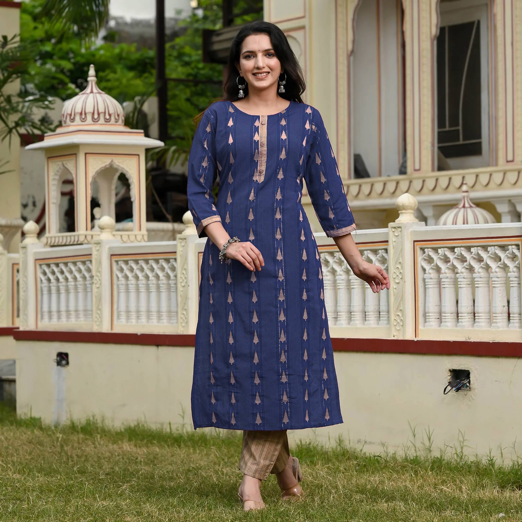 Navy Blue Woven Cotton Blend Salwar Suit