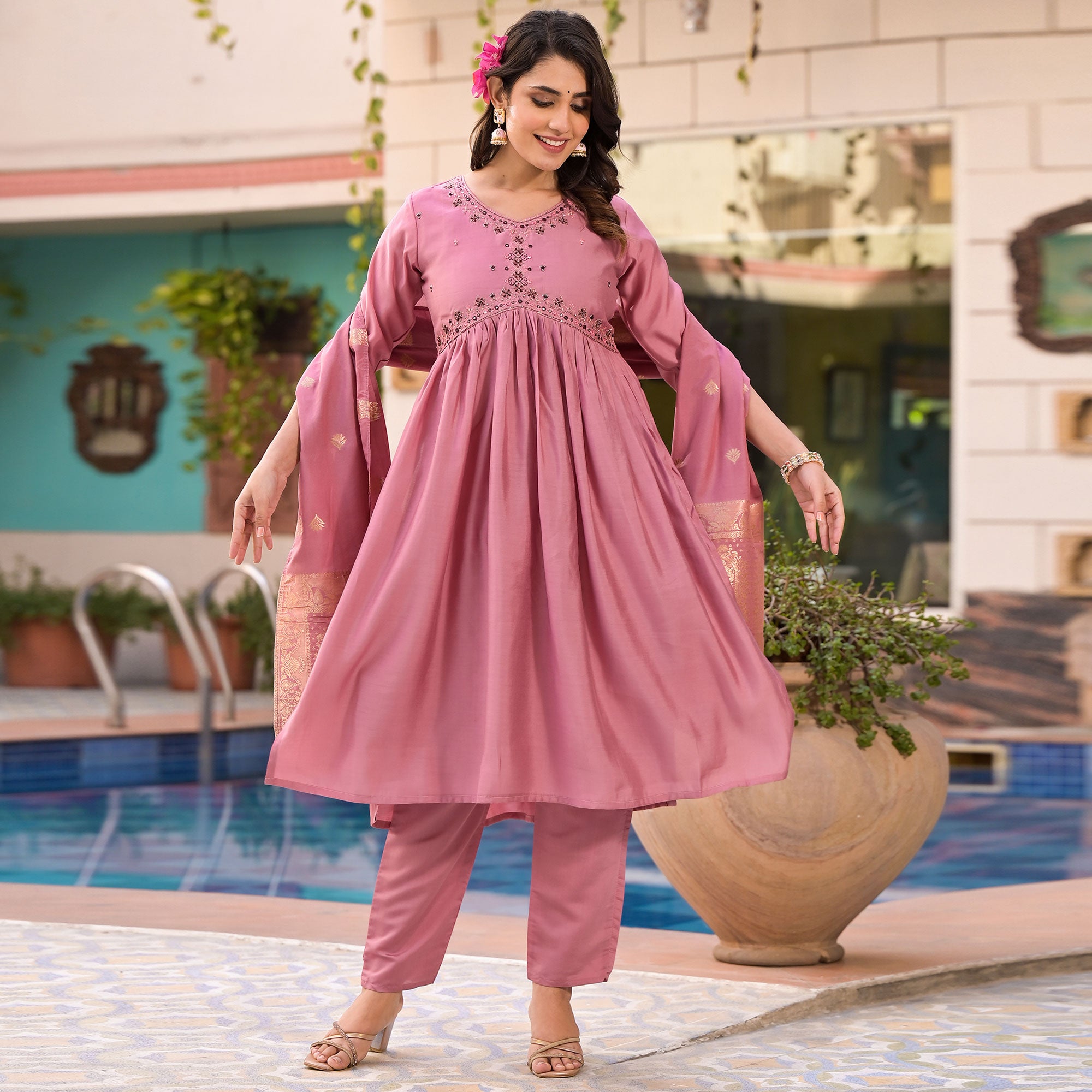 Pink Embroidered Viscose Salwar Suit