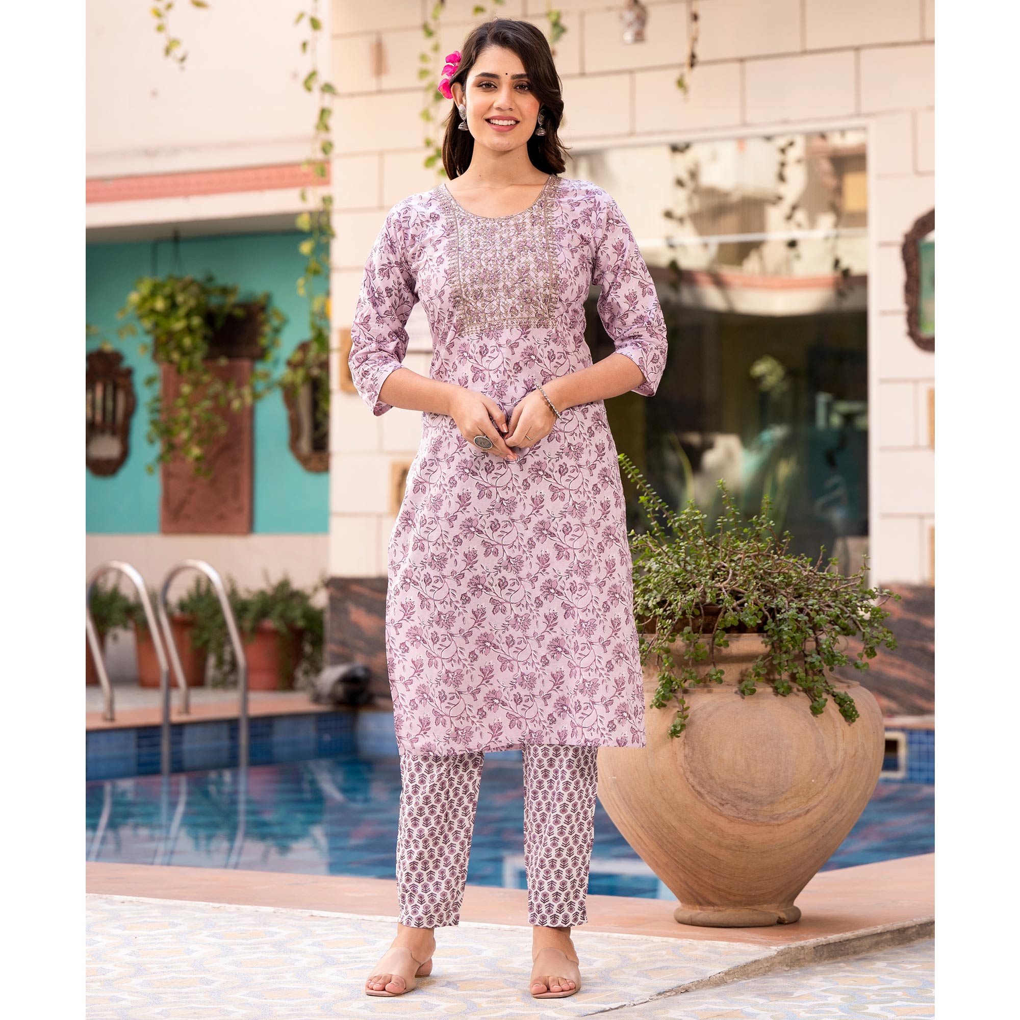 Purple Floral Printed Pure Cotton Salwar Suit