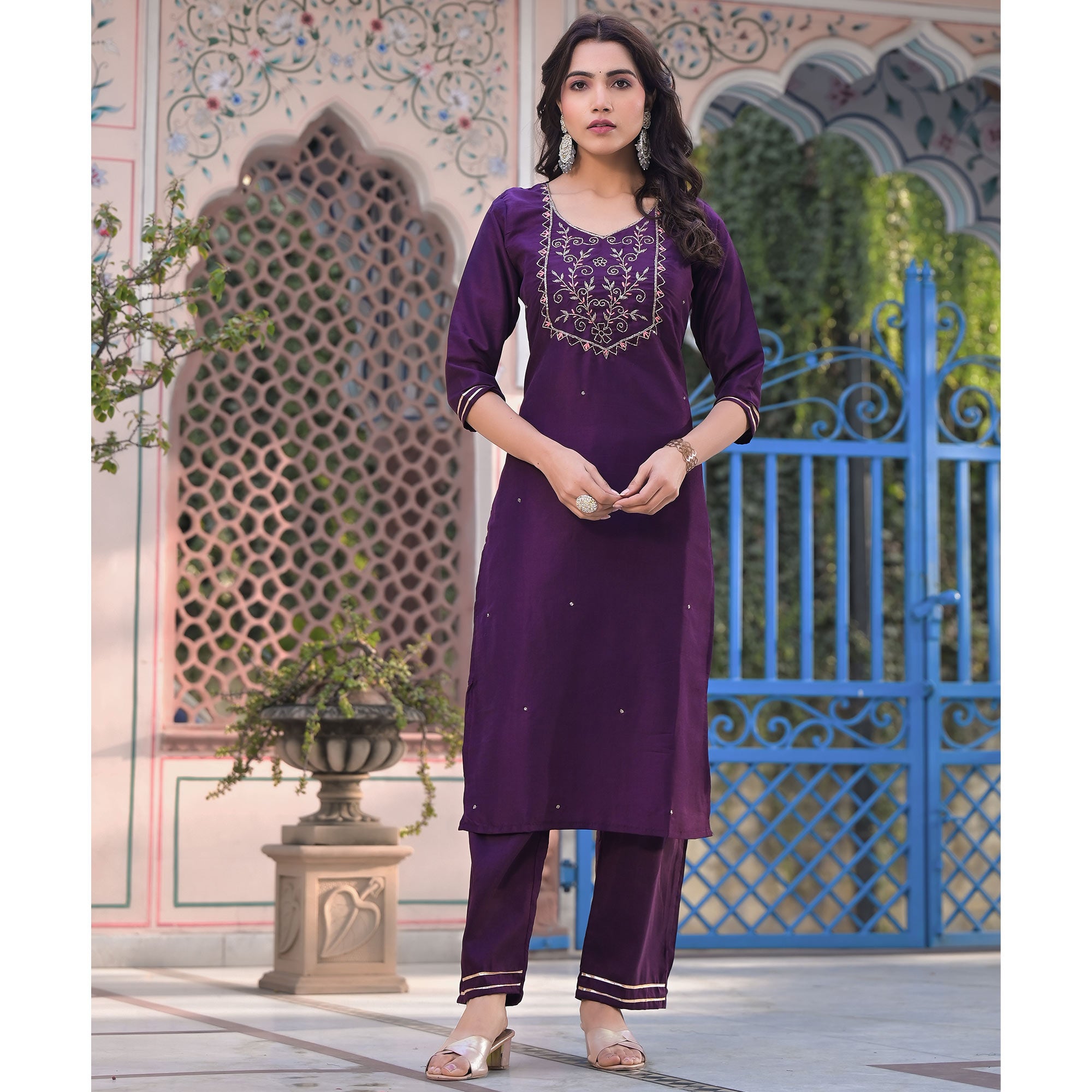 Wine Embroidered Chinon Salwar Suit With Handcrafted