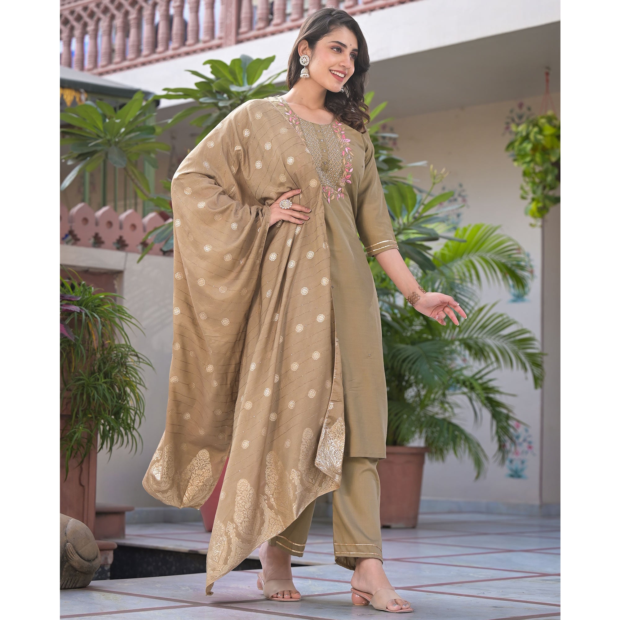 Chikoo Embroidered Chinon Salwar Suit With Handwork