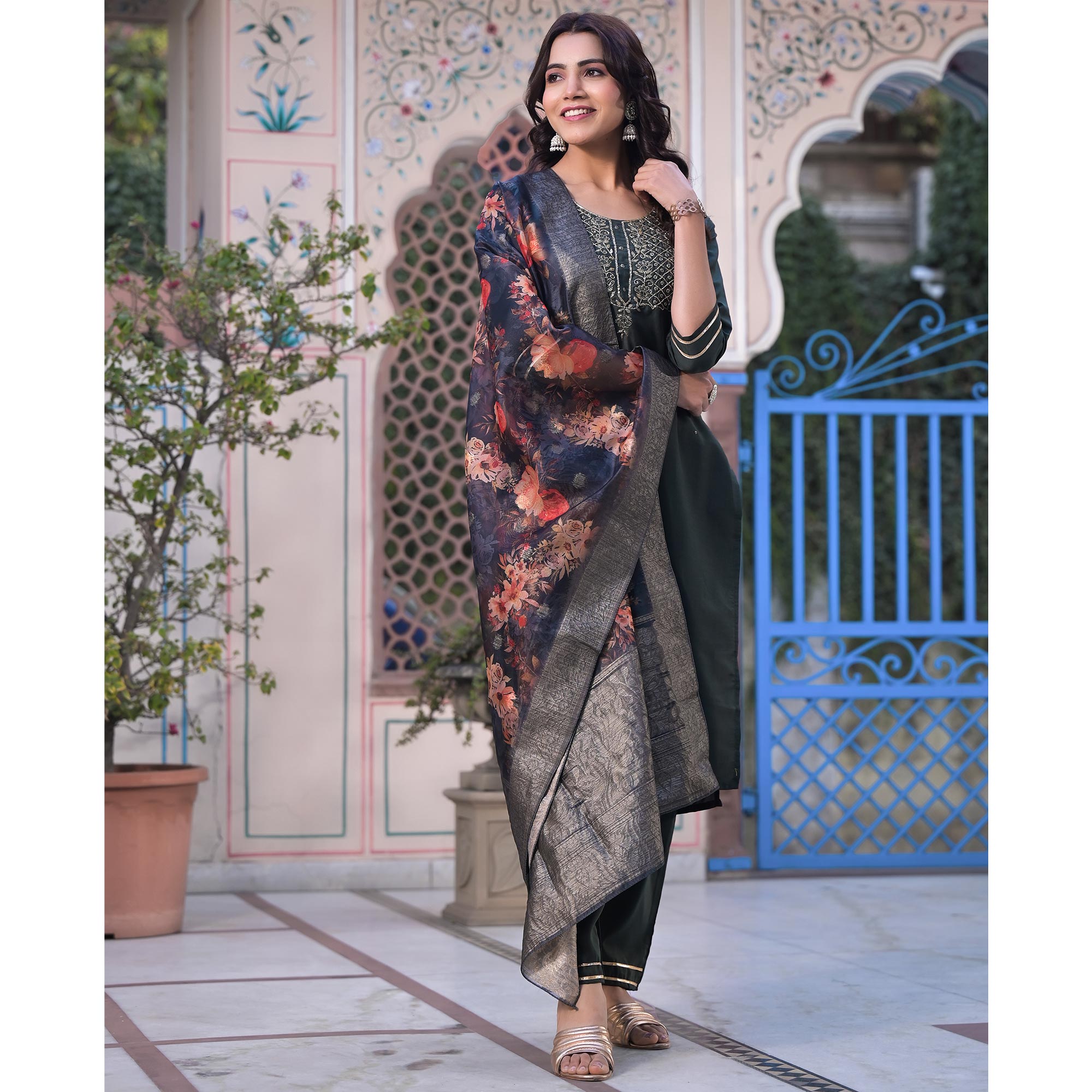 Grey Embroidered Dola Silk Straight Cut Salwar Suit