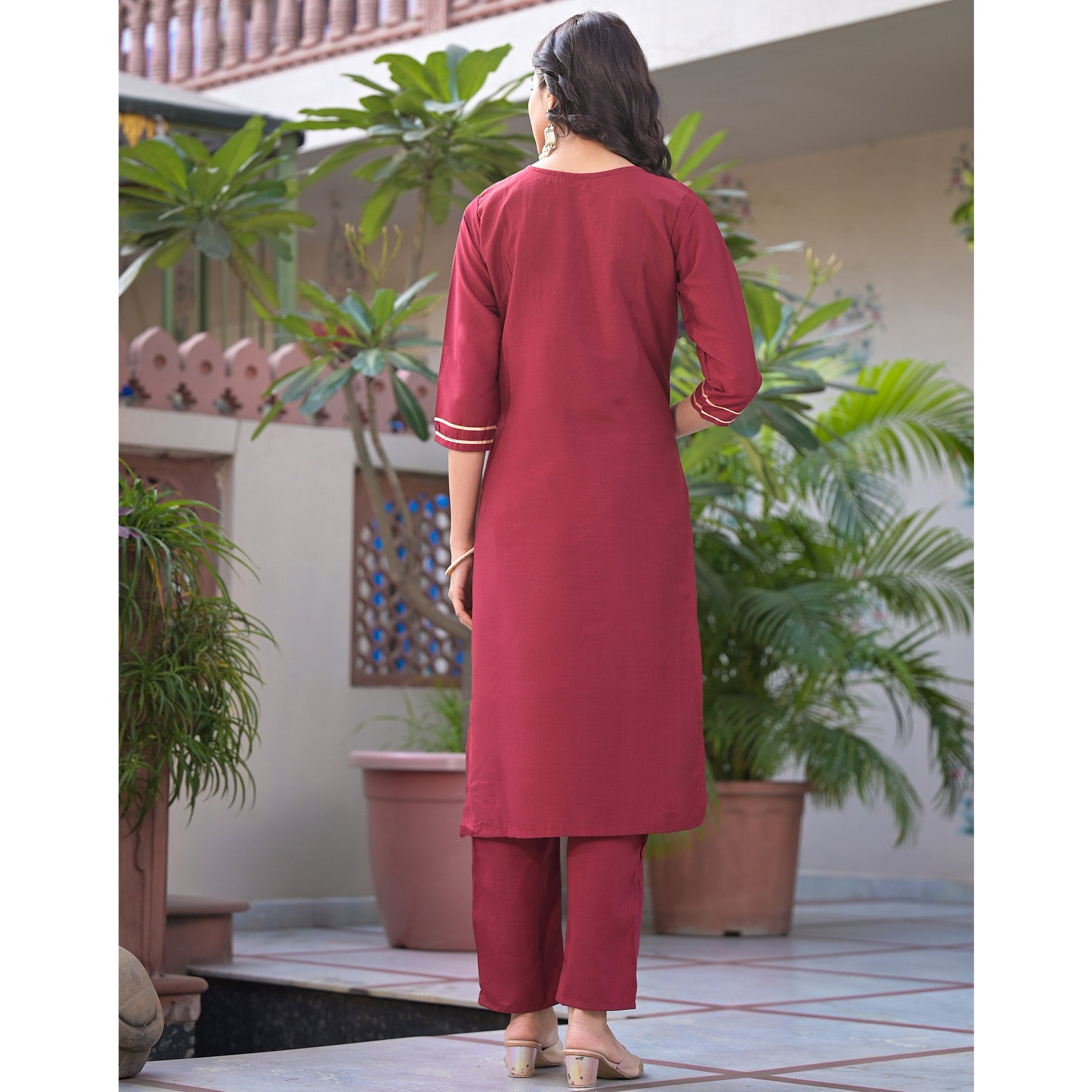 Maroon Embroidered Dola Silk Straight Cut Salwar Suit