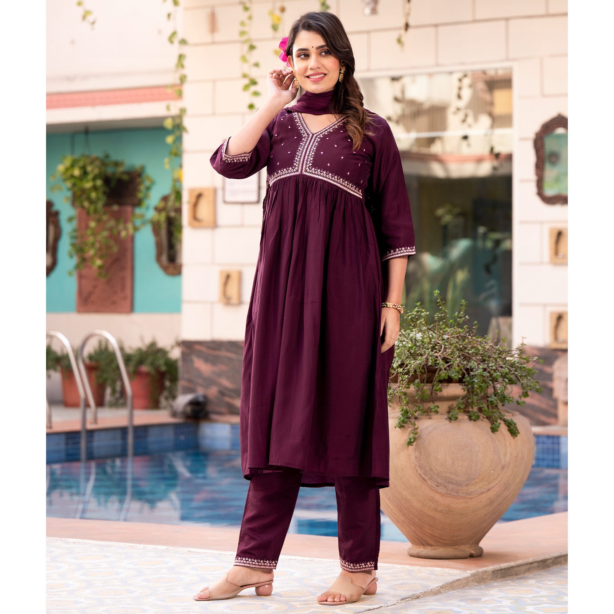 Wine Embroidered Pure Silk Alia Cut Salwar Suit