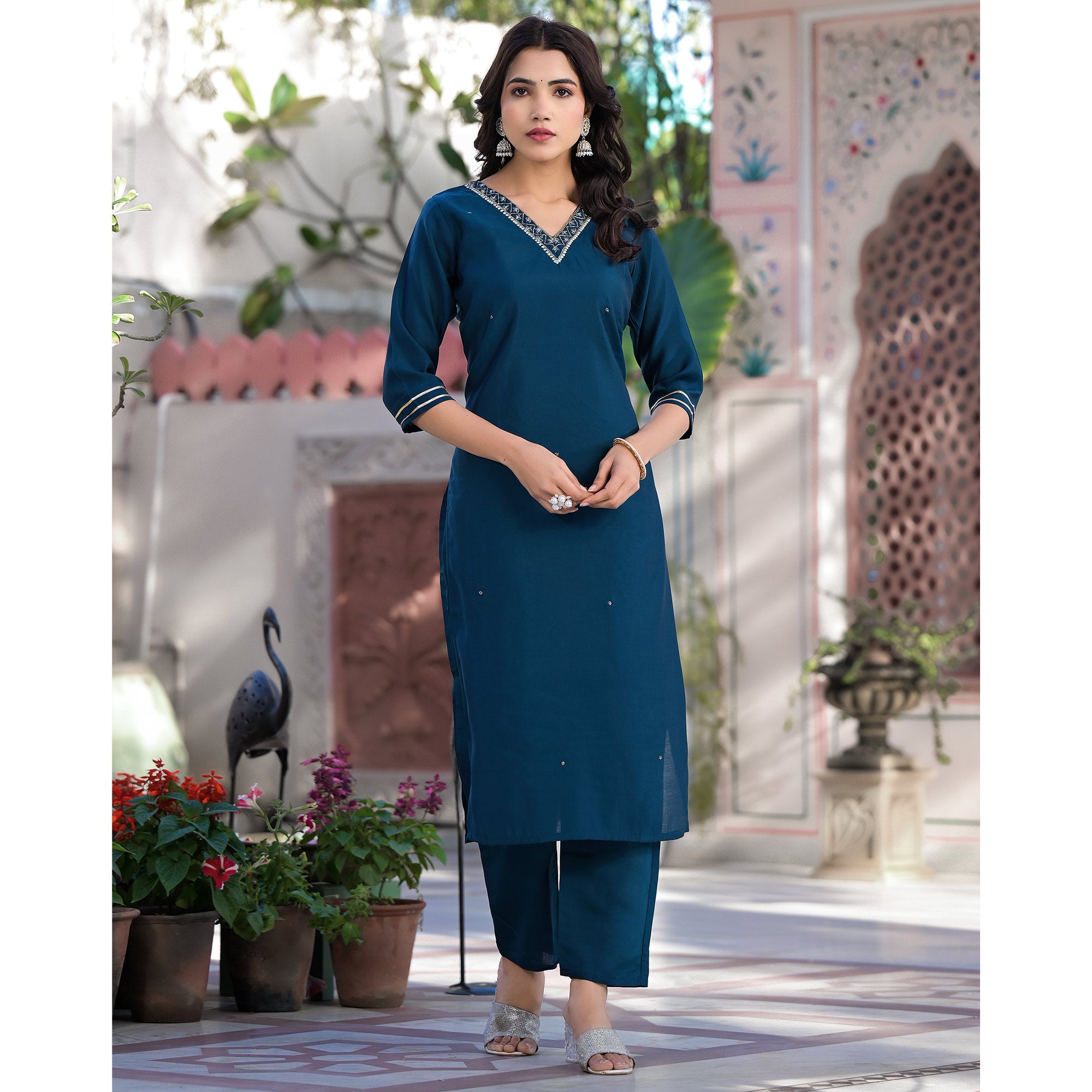 Blue Embroidered Pure Silk Straight Salwar Suit