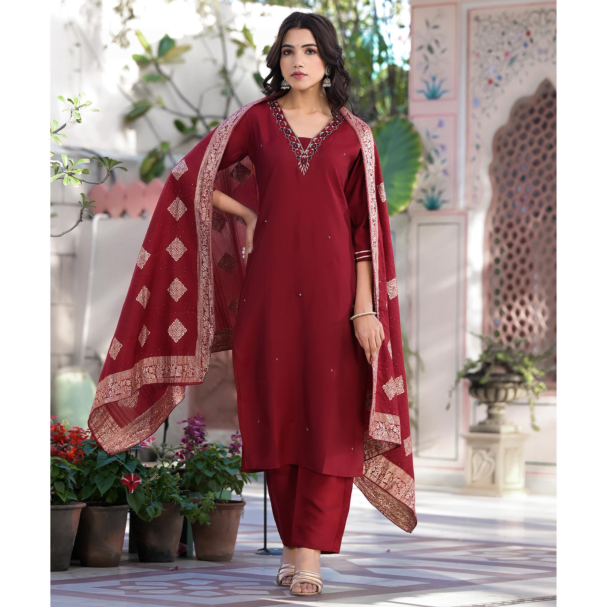 Maroon Embroidered Pure Silk Straight Salwar Suit