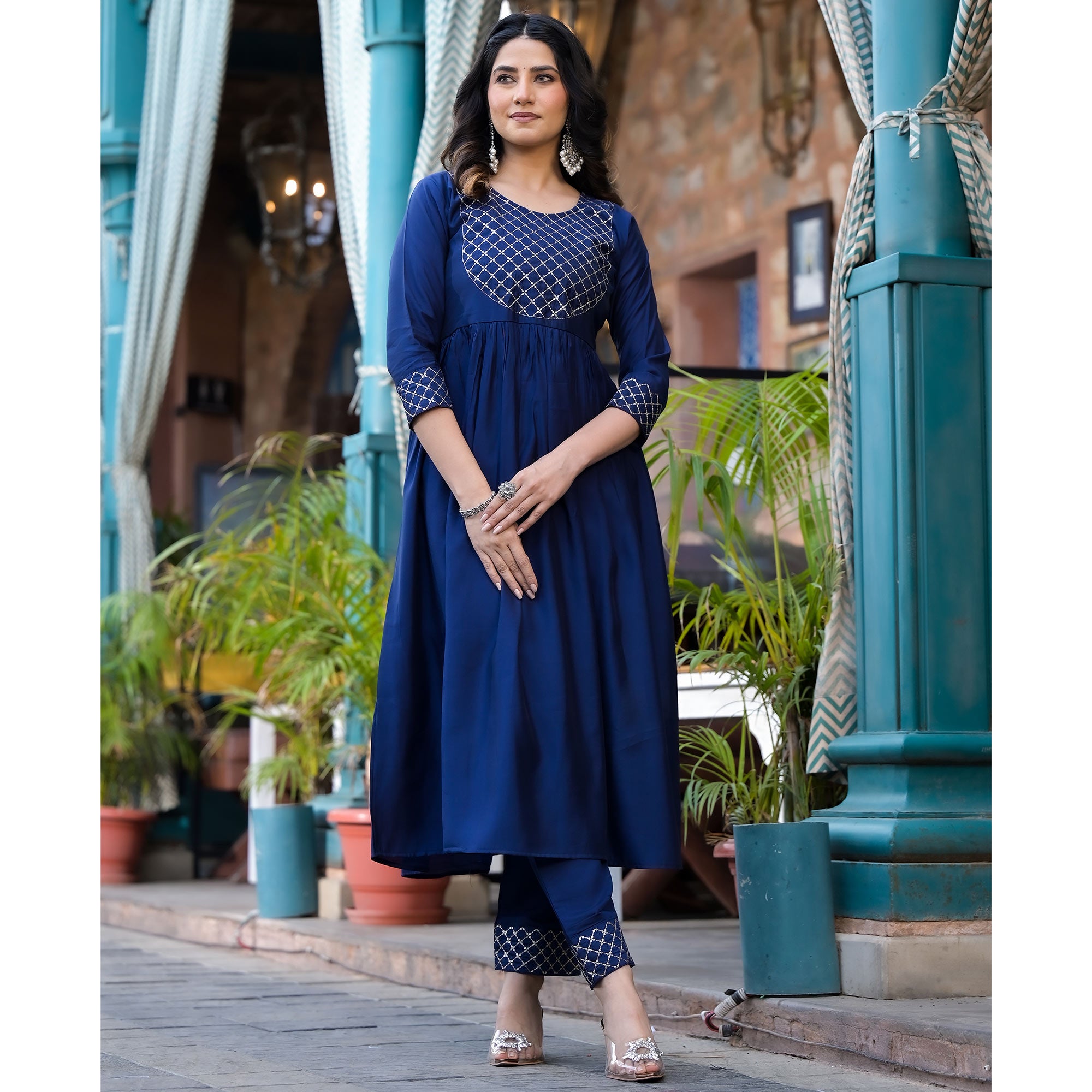 Blue Embroidered Pure Silk Naira Cut Salwar Suit