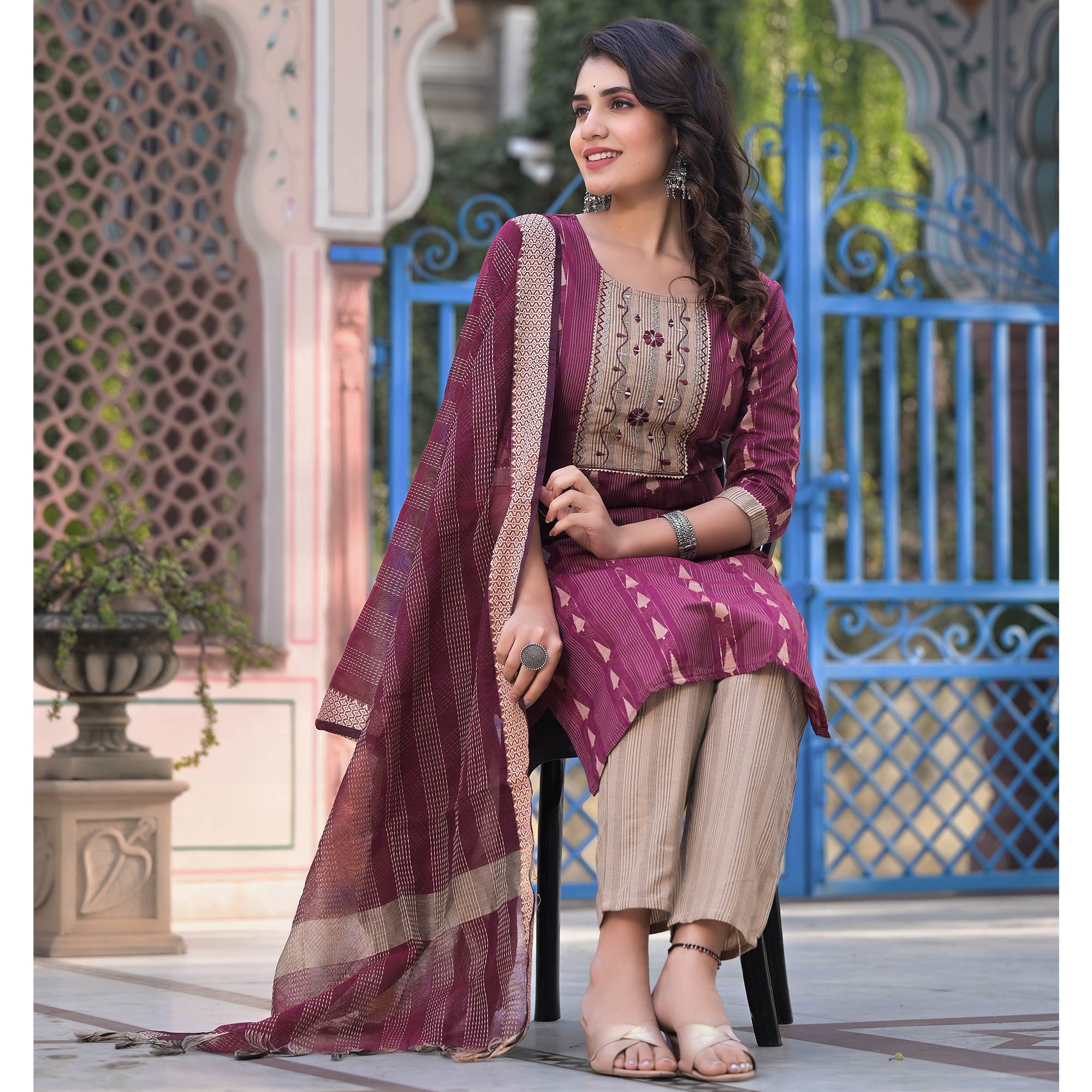 Wine Woven Pure Cotton Straight Salwar Suit