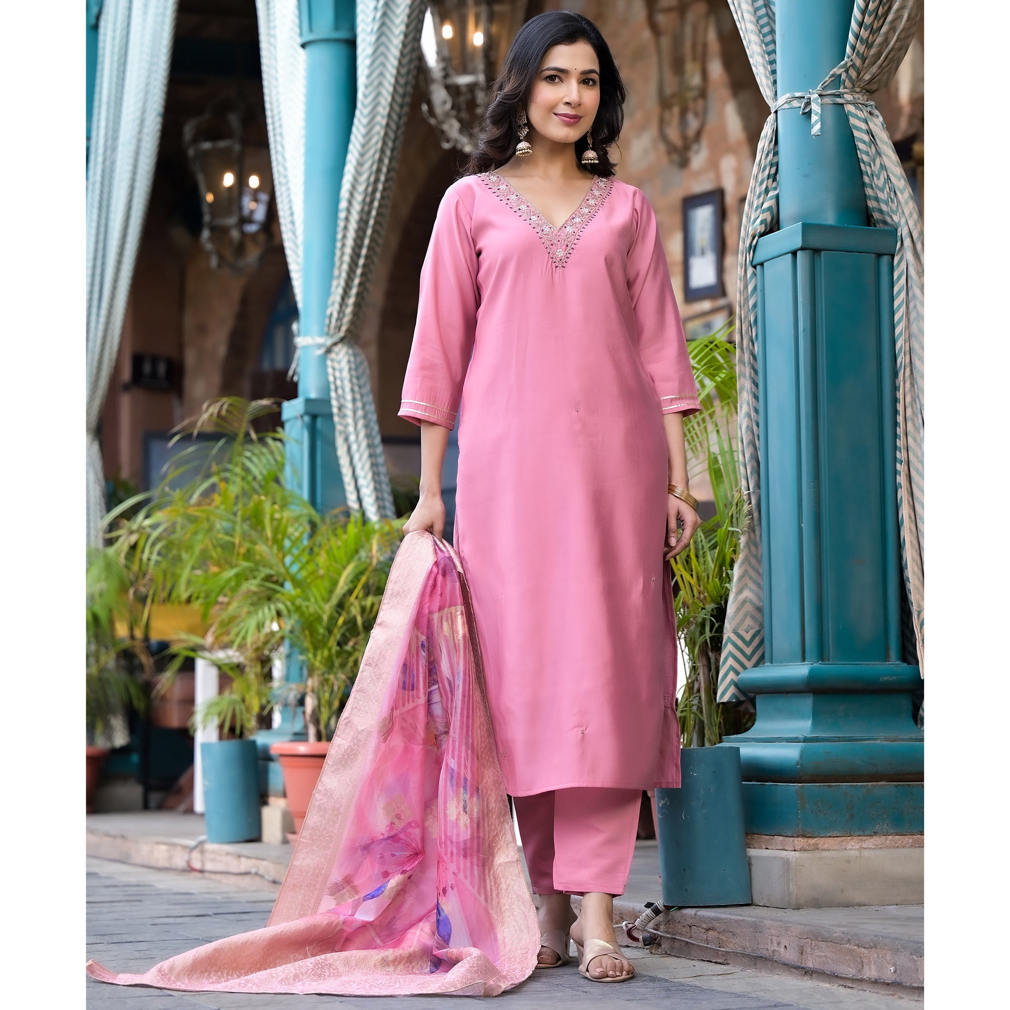 Pink Embroidered Pure Silk Salwar Suit With Handcrafted