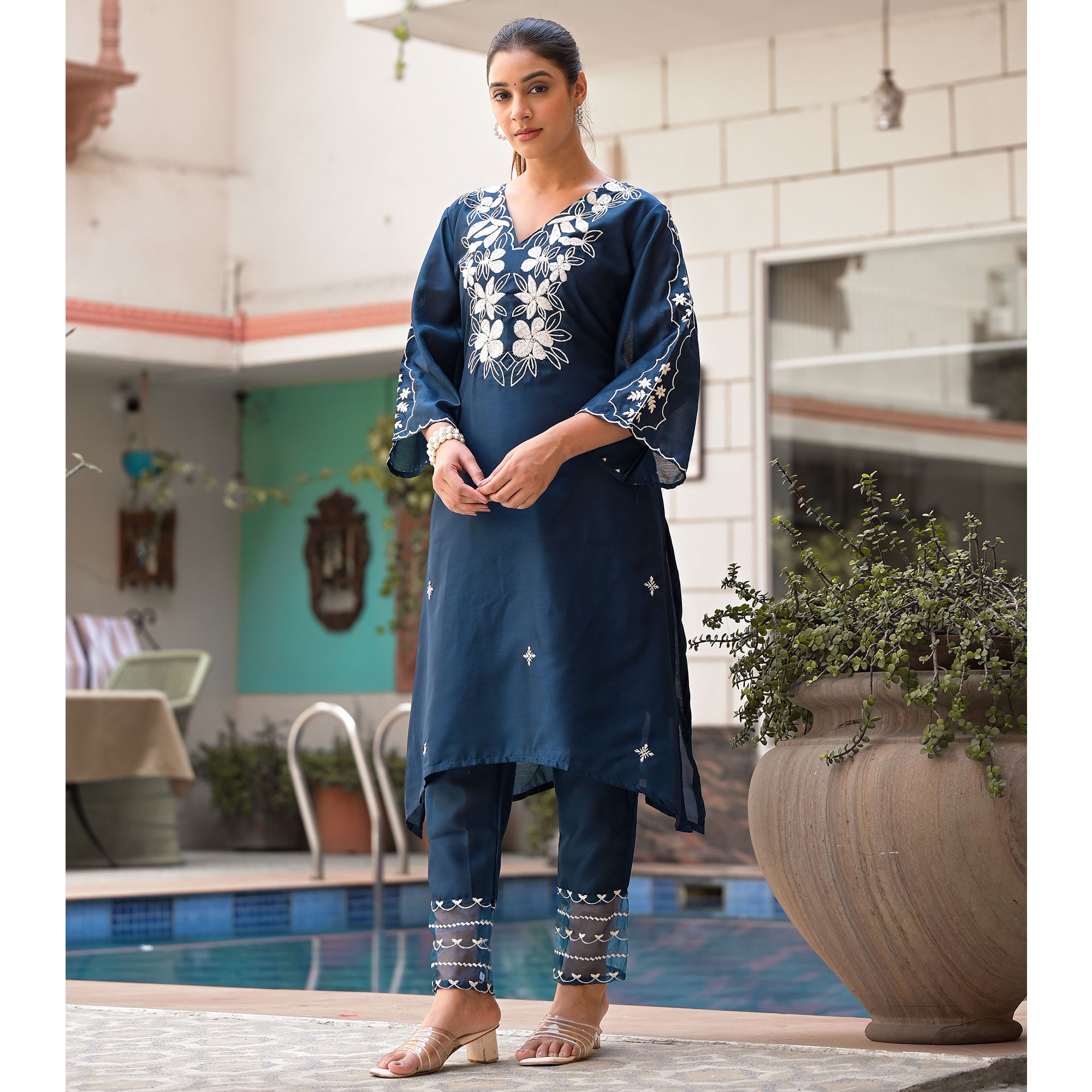 Blue Floral Embroidered Chanderi Silk Kurti Sets