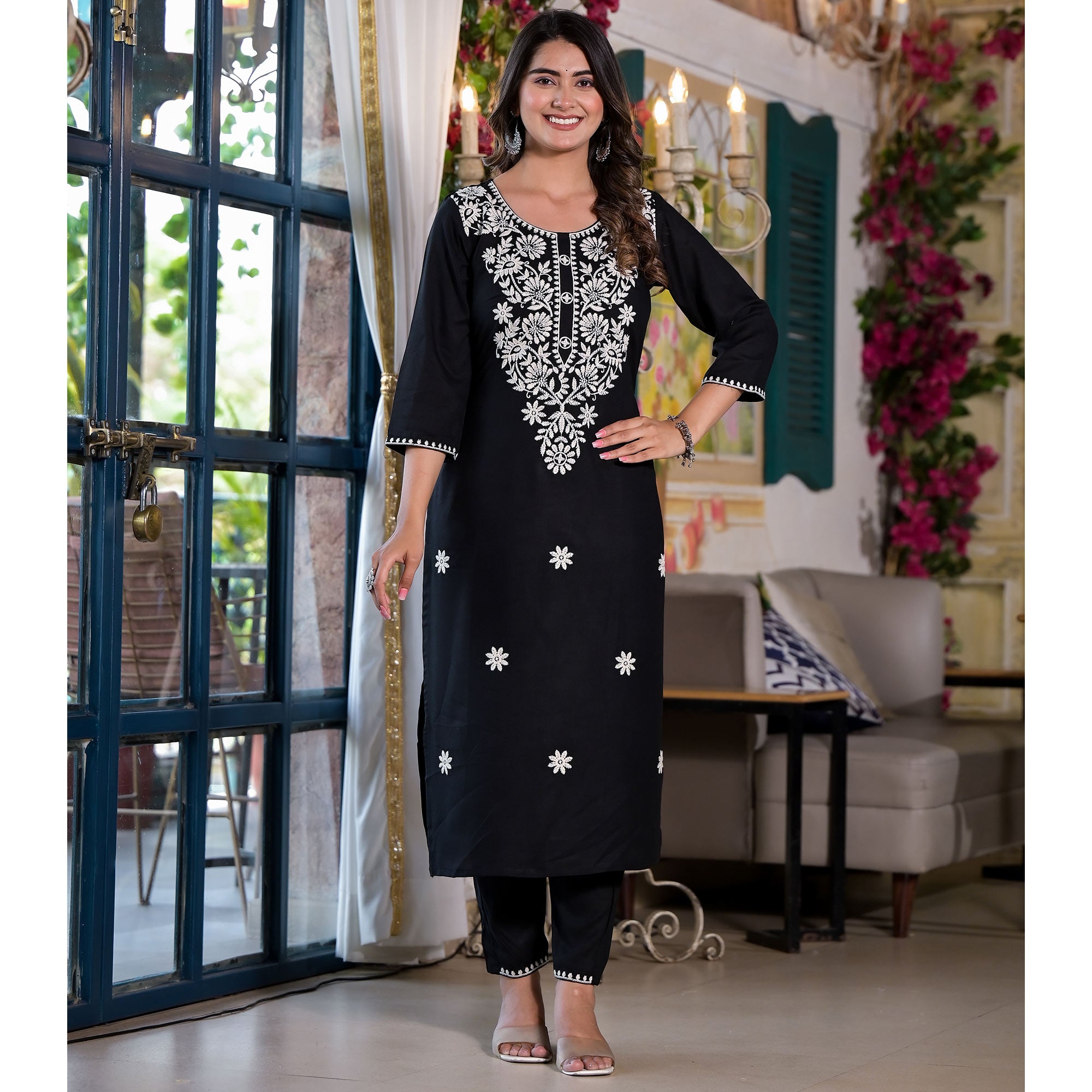 Black Lucknowi Embroidered Rayon Salwar Suit