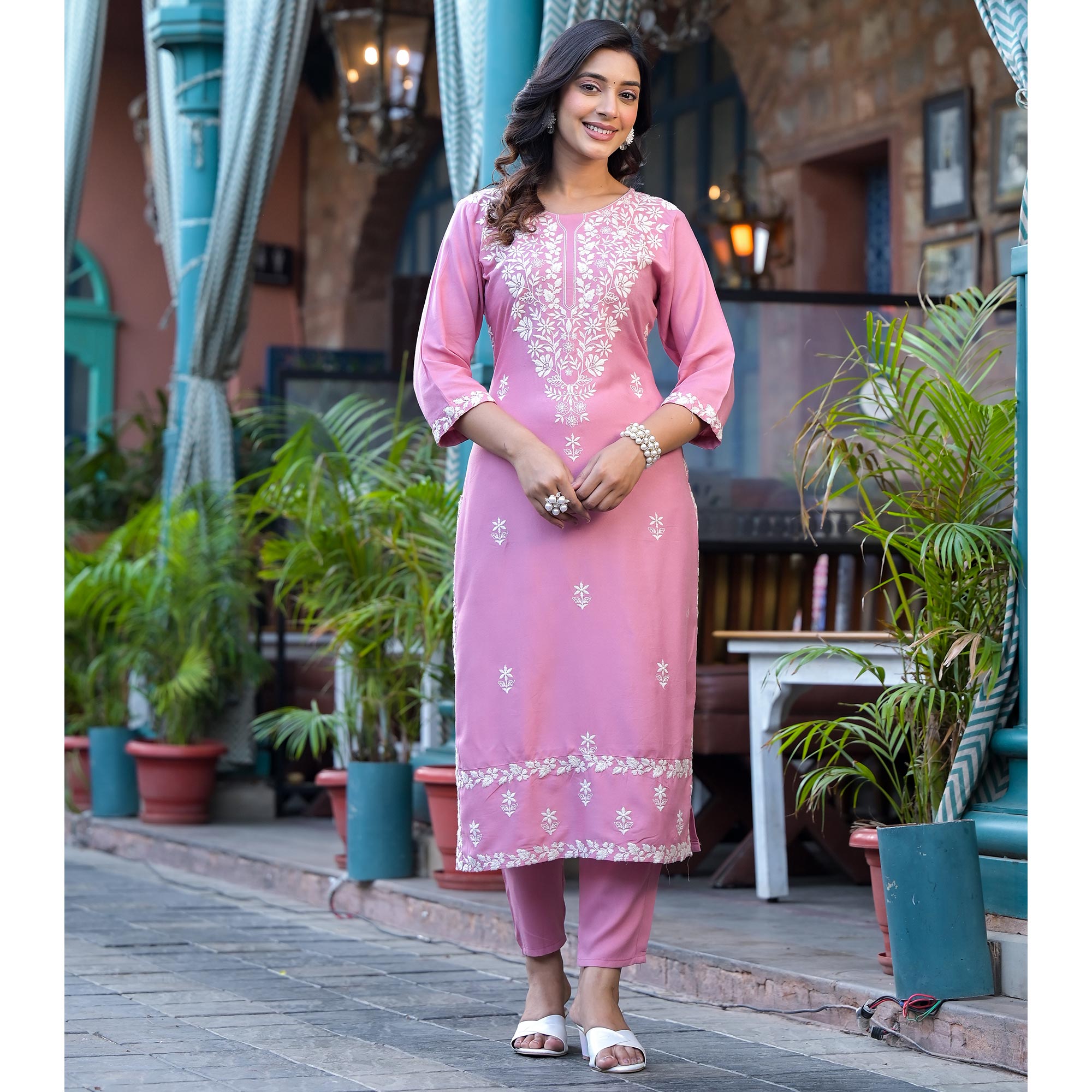 Pink Lucknowi Embroidered Rayon Salwar Suit