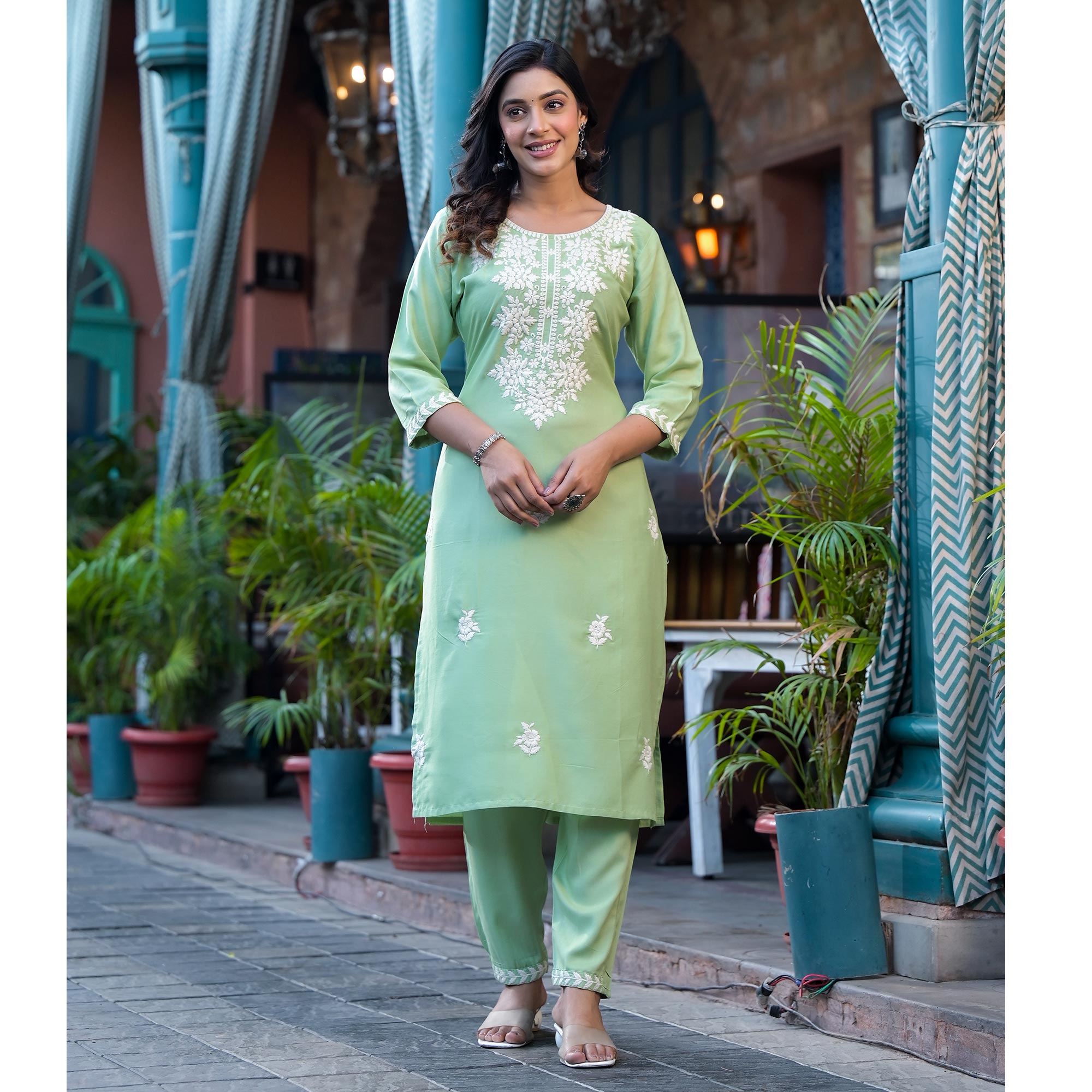 Pista Green Lucknowi Embroidered Rayon Salwar Suit