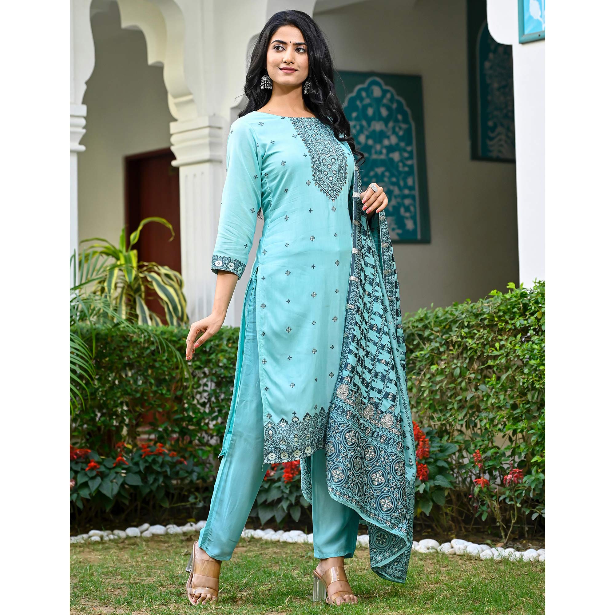 Turquoise Floral Woven Viscose Salwar Suit