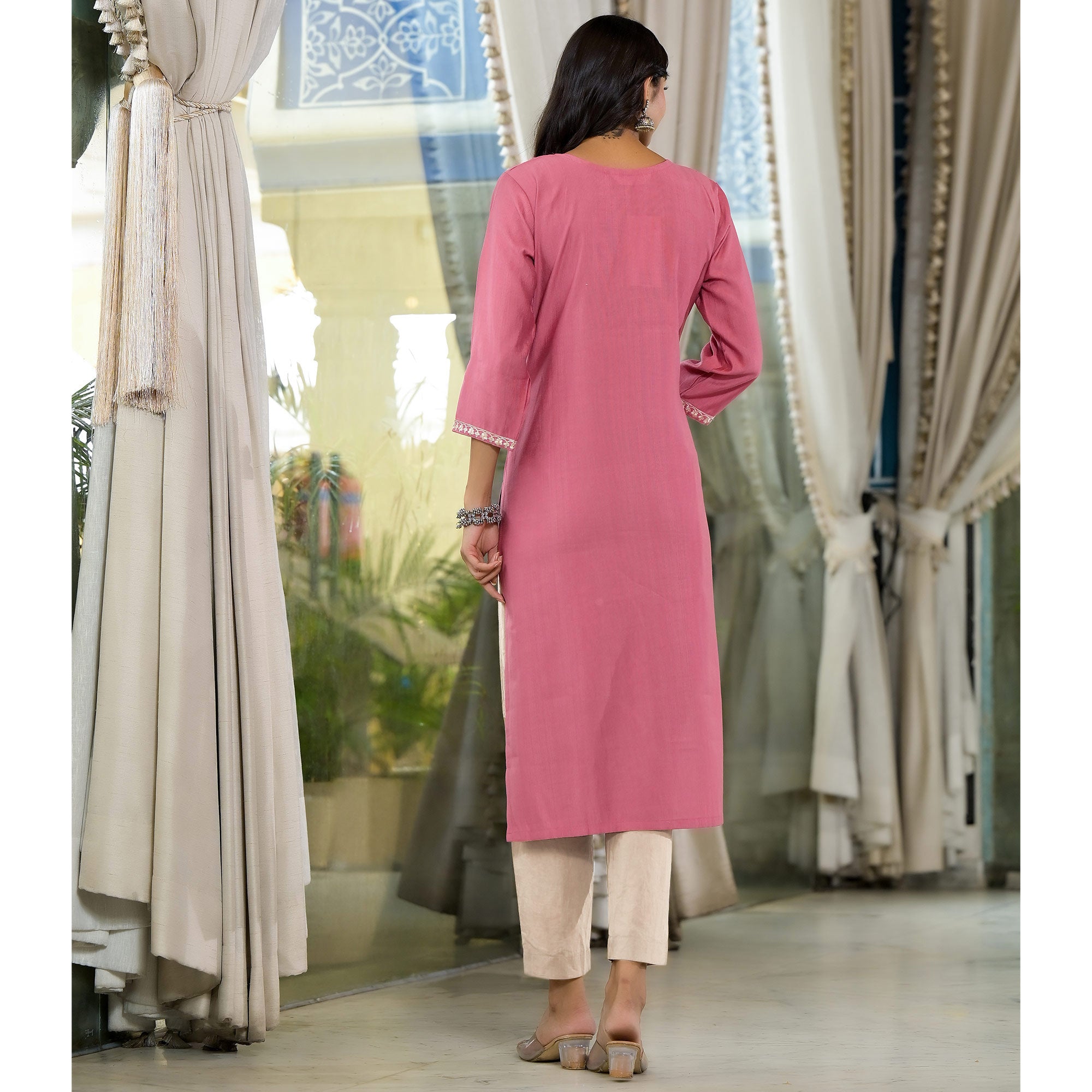 Pink Yoke Embroidered Viscose Straight Kurti