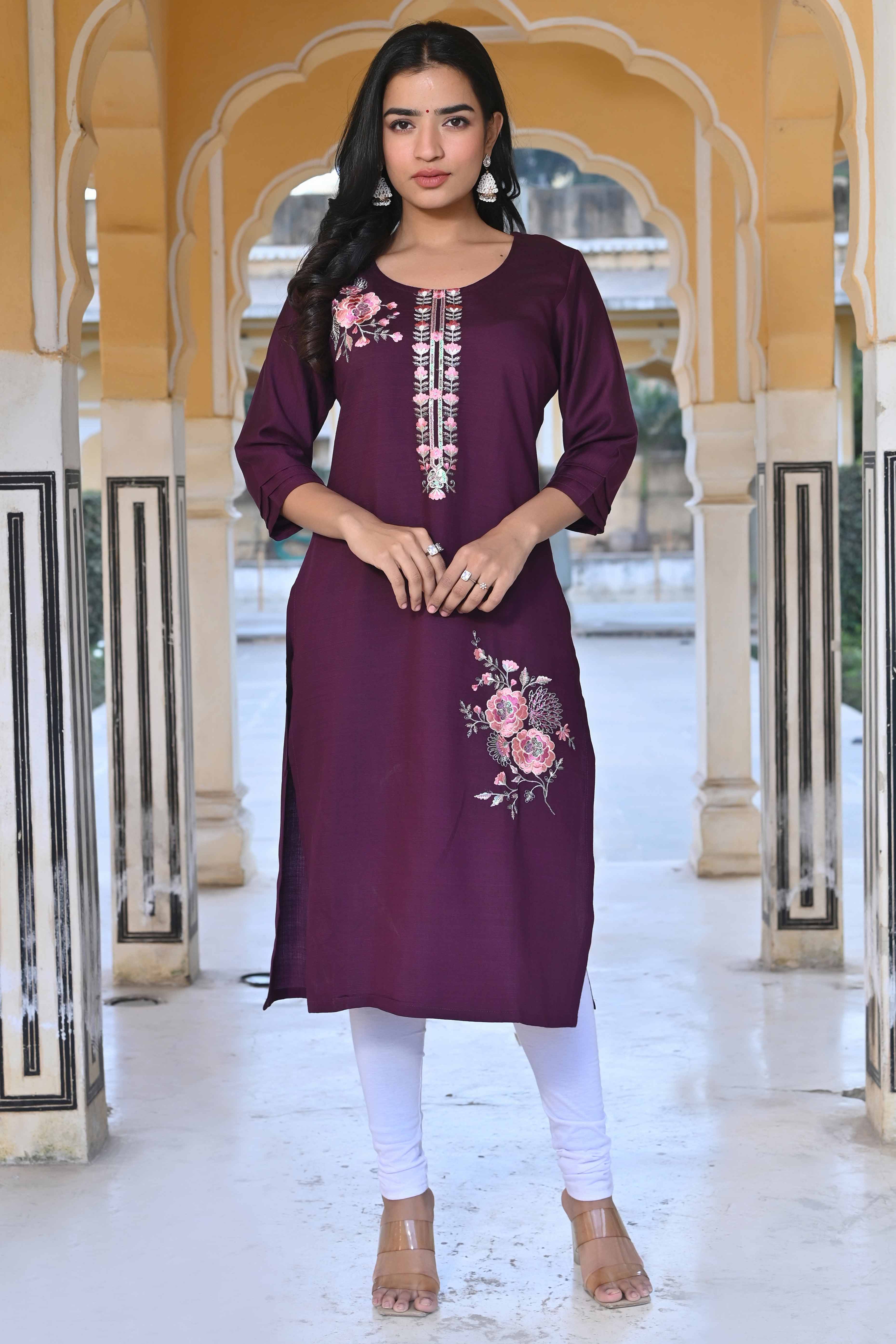 Purple Floral Embroidered Viscose Straight Kurti